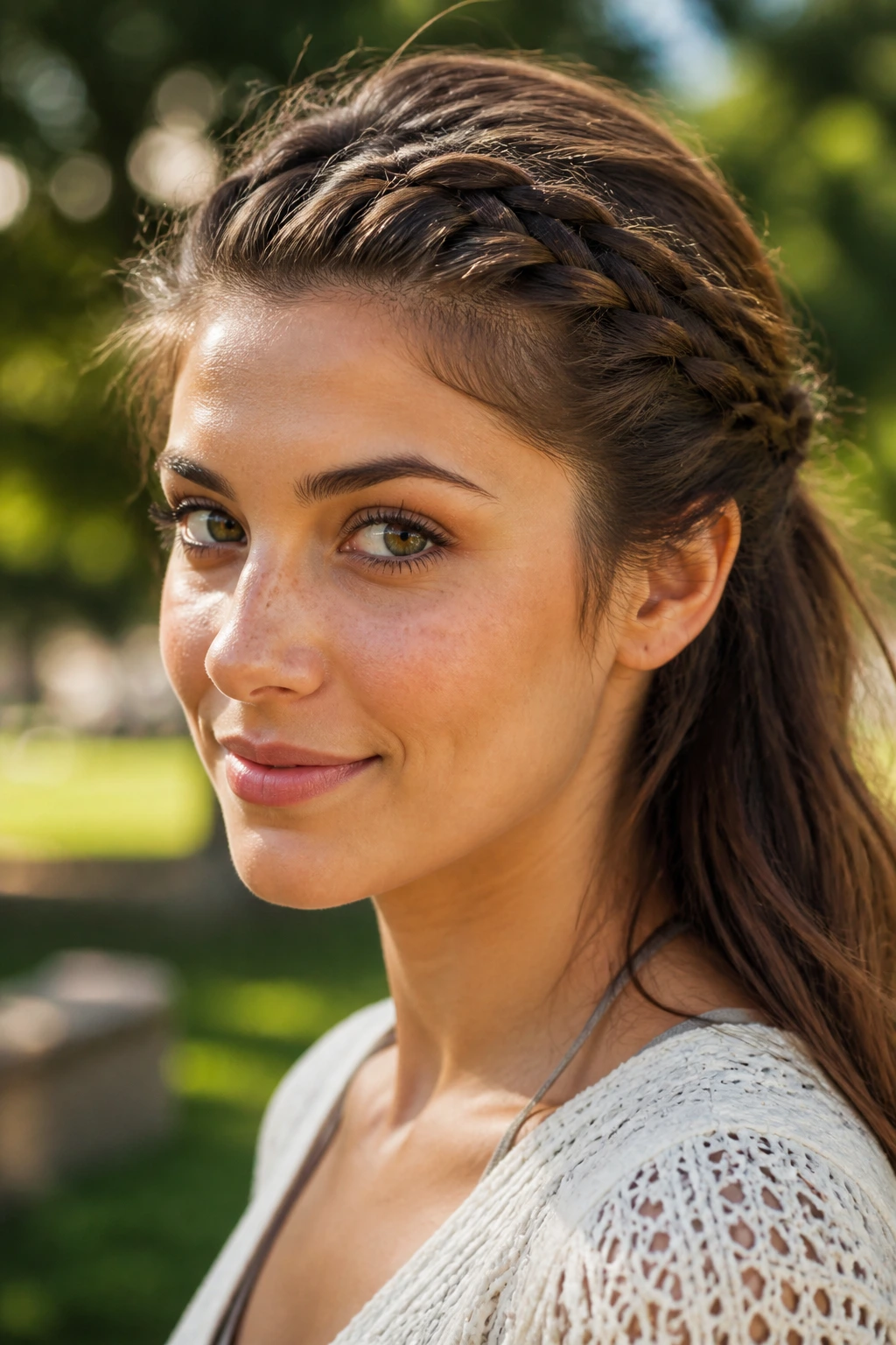 Close-up of thick bangs braided back into the hair on a real person