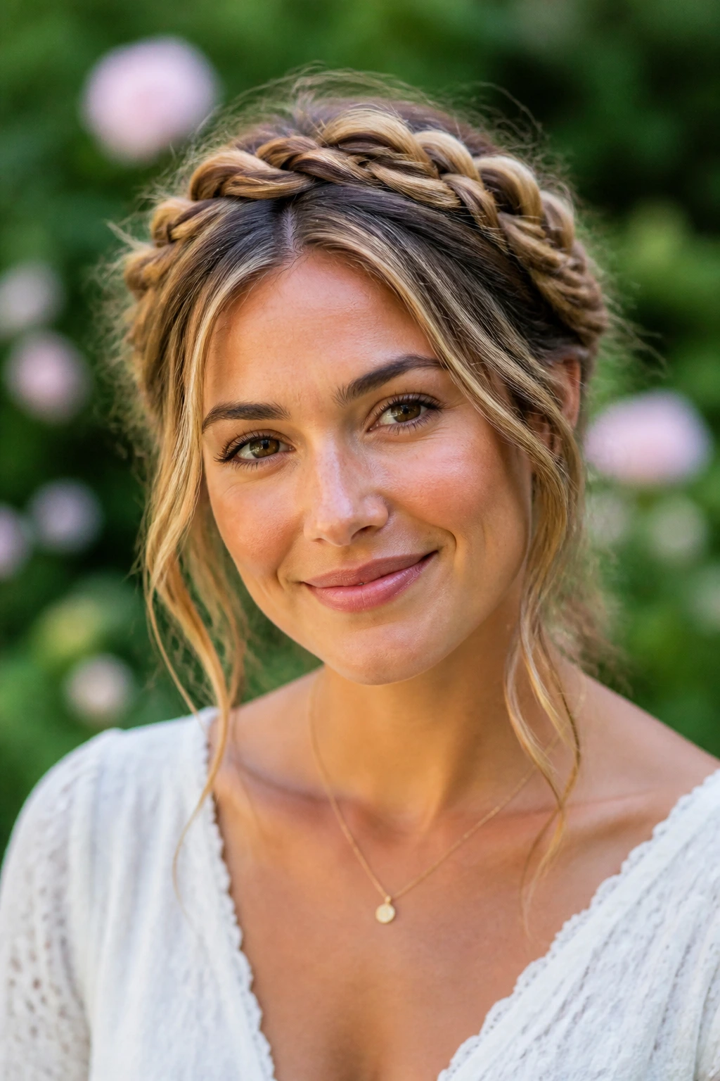 Real woman with a loose braided crown in a garden setting.