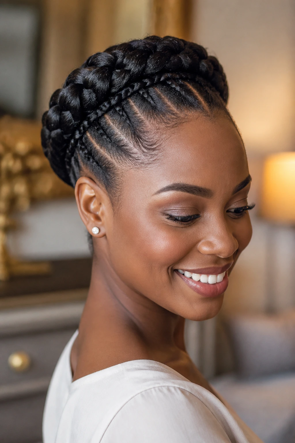 Close-up of a real person with an intricate braided crown