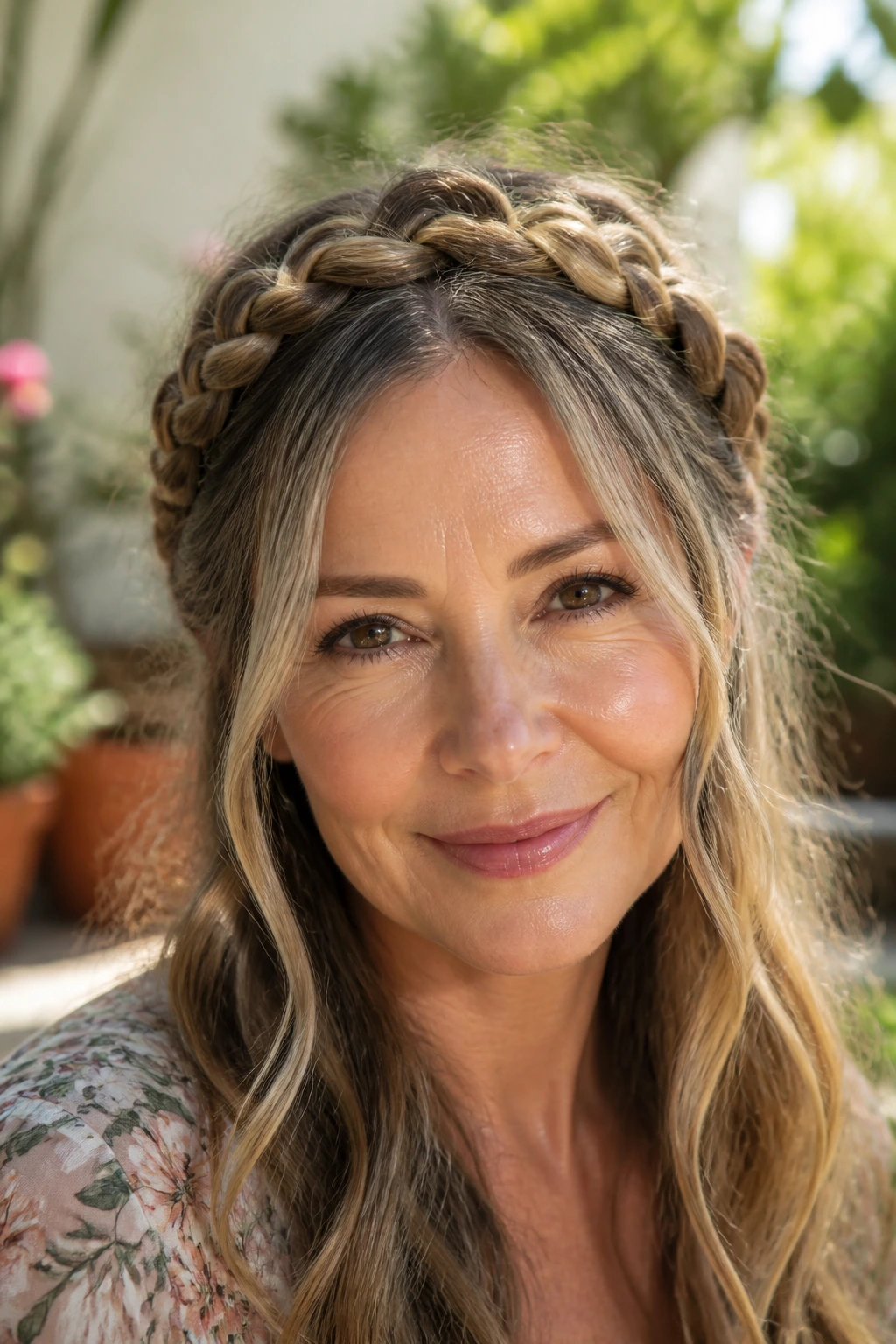 Real woman wearing a braided crown hairstyle in sunlight