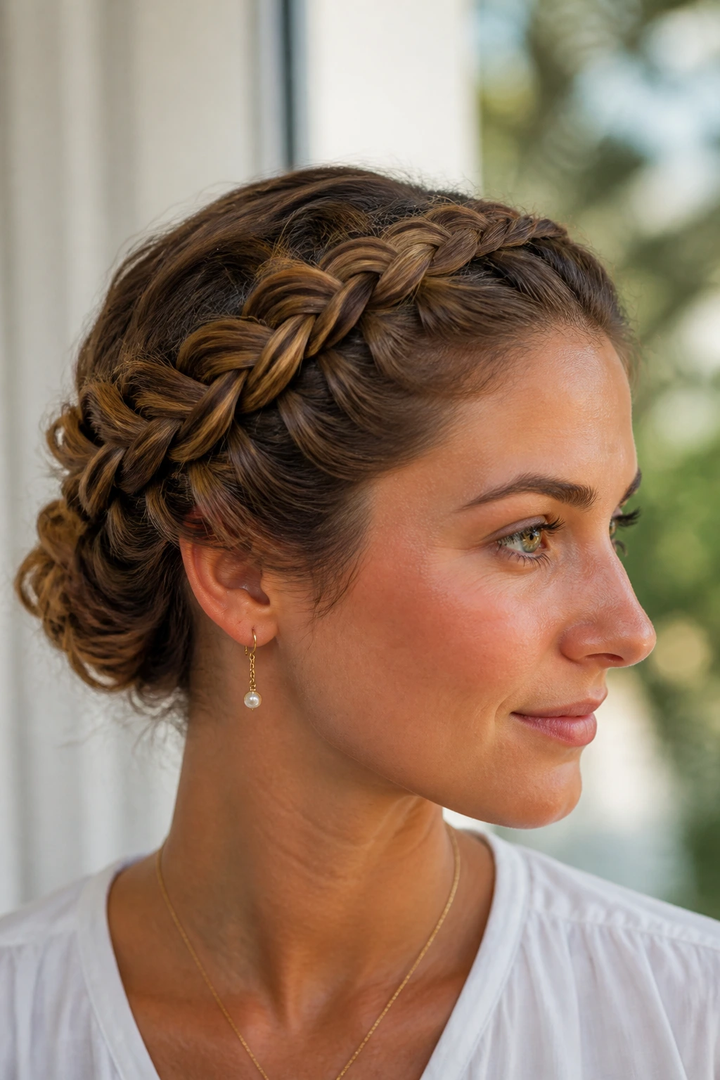 Close-up of real woman with a braided crown tuck at the nape