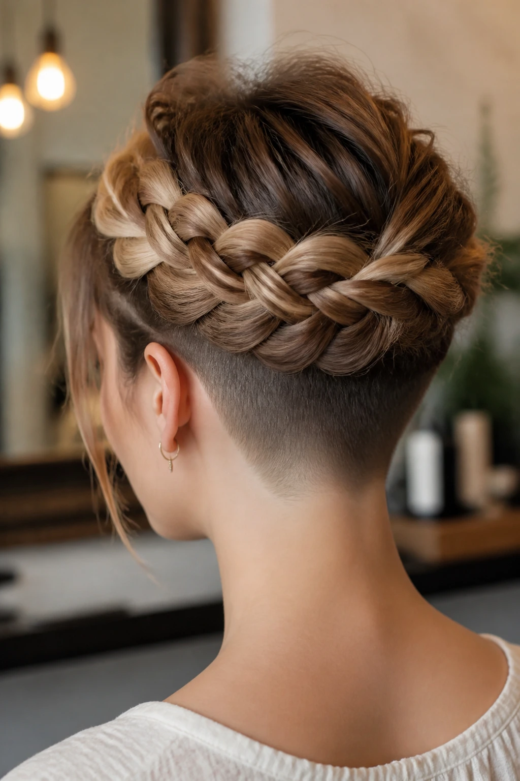 Close-up portrait of a real person with a crown braid and visible nape undercut