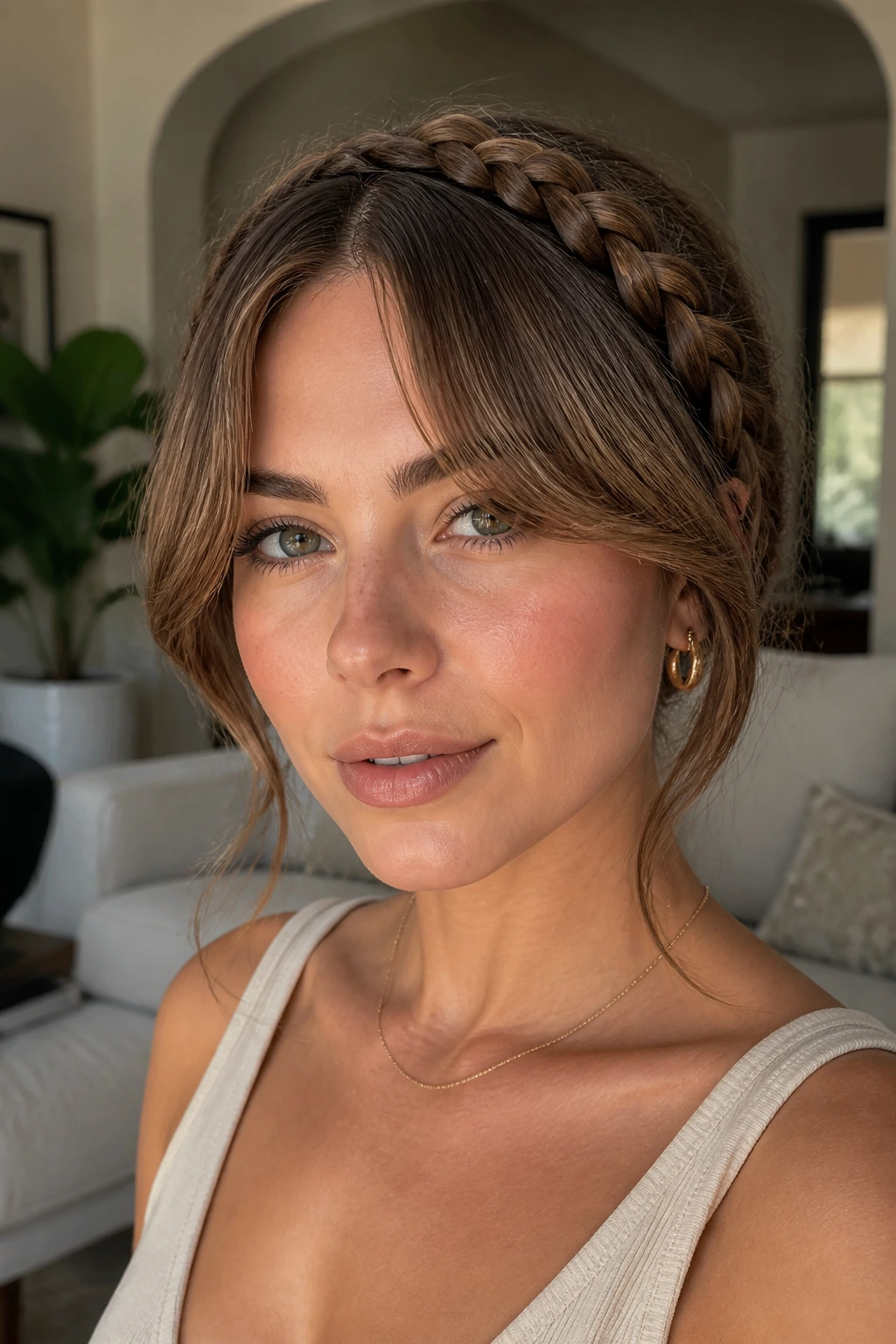 Close-up of a woman with braided curtain bangs in a bright living room