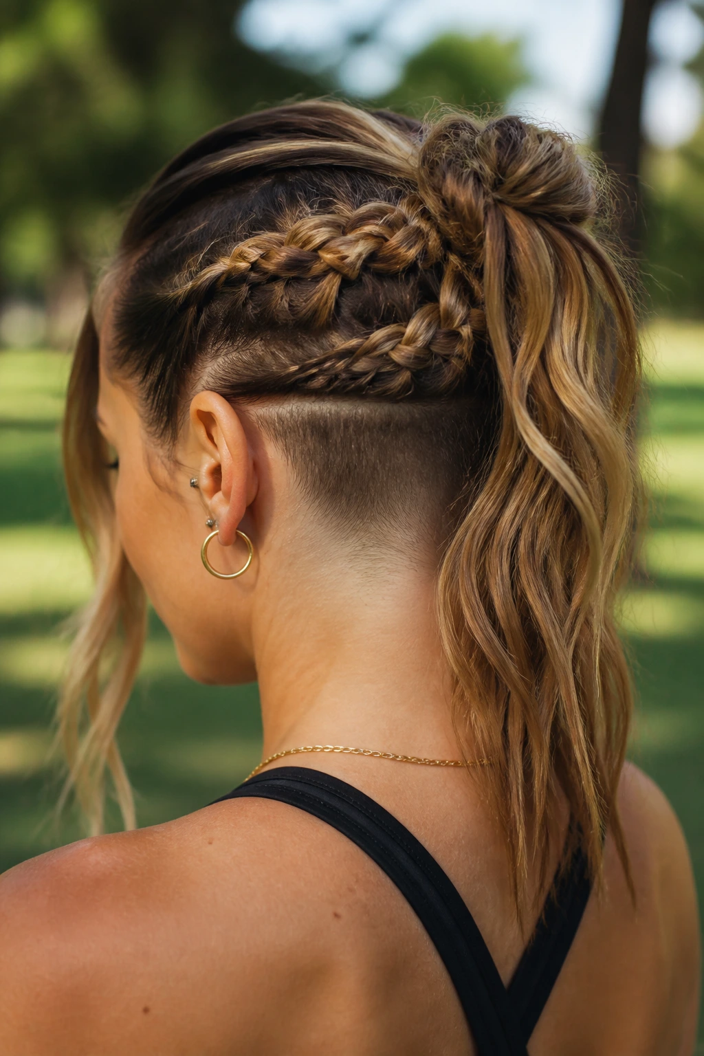 Close-up of a real person with braided half-up and shaved nape.