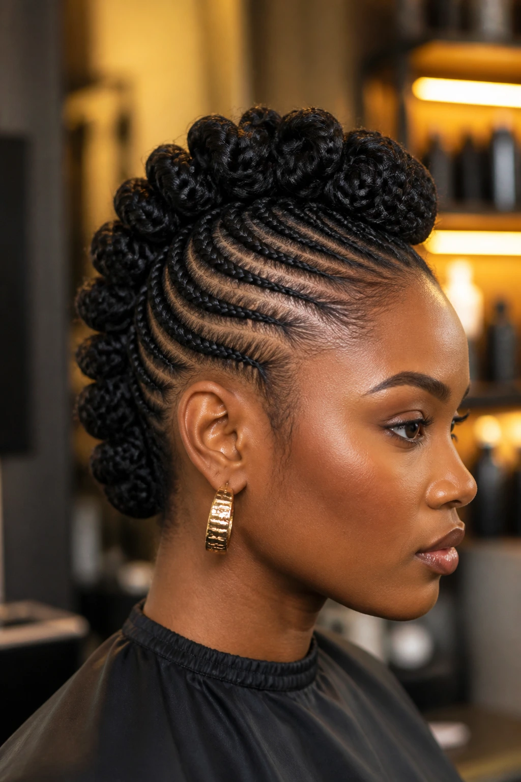 Close-up portrait of a real woman with a braided Mohawk and cornrowed sides