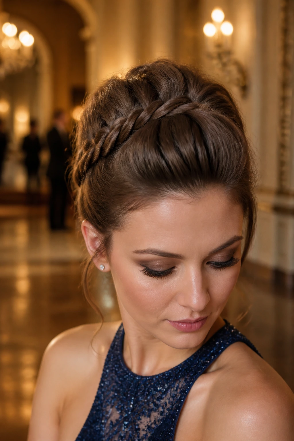Close-up of a woman with a braided pompadour