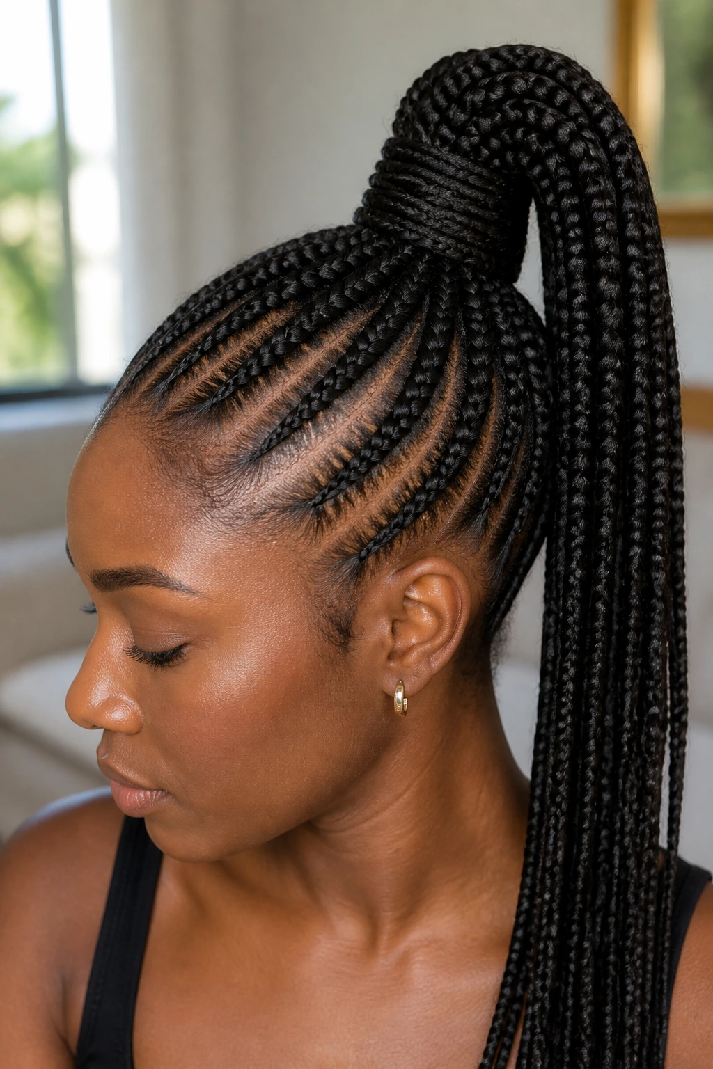 Close-up portrait of a real woman with a high braided ponytail