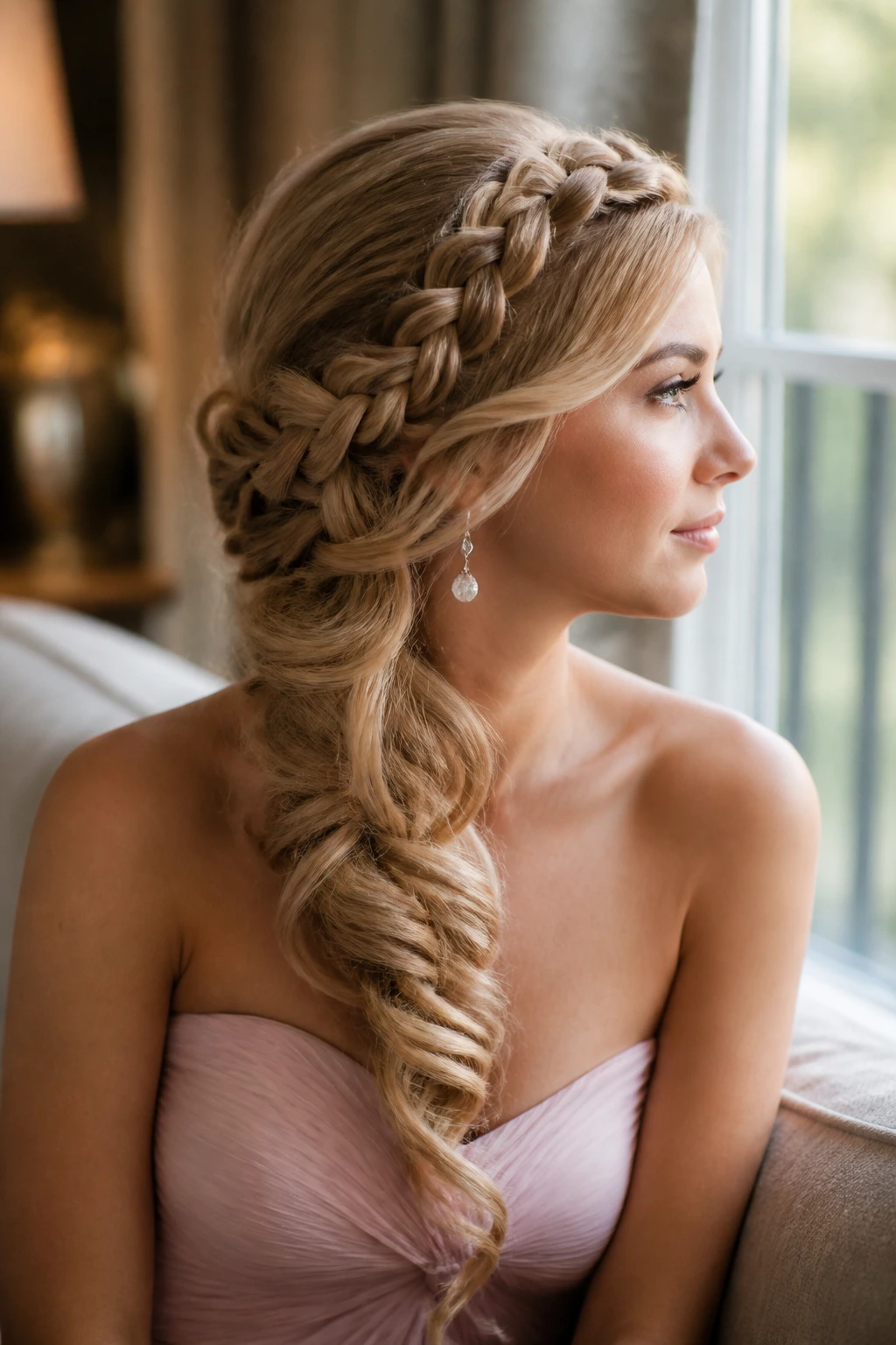 Portrait of a woman with a dramatic Dutch braid along the side