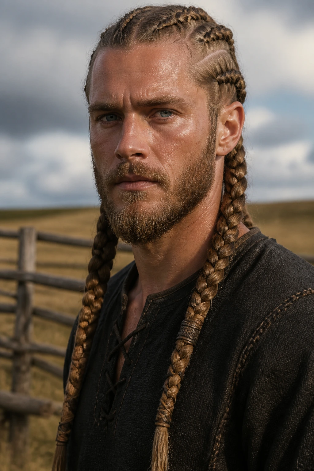 Close-up of a real man with Viking-style long braids.