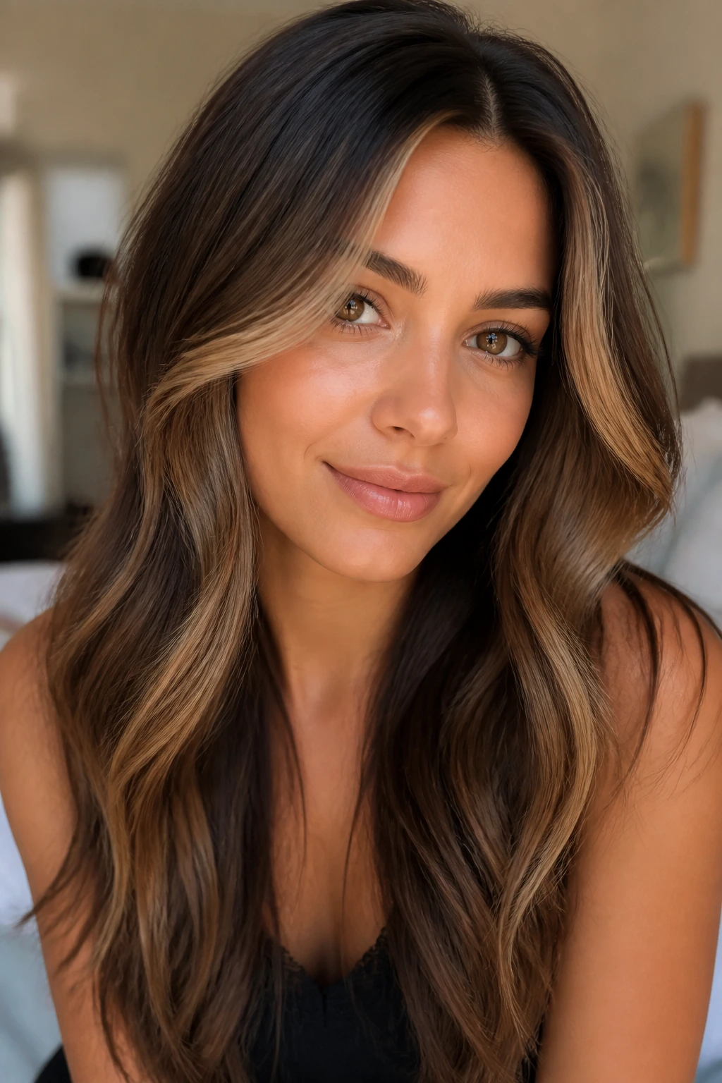 Close-up of a real woman with bronde face-framing highlights around her cheeks, photographed in natural window light.