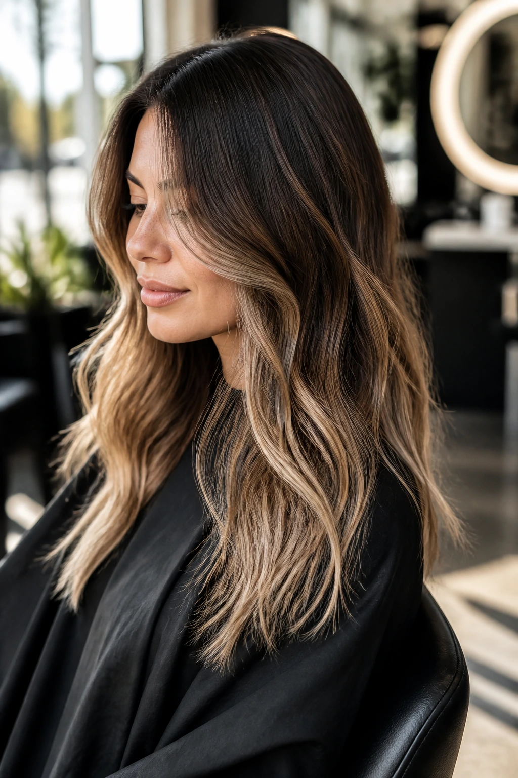 Close-up of a real woman with bronde fusion hair melting from roots to ends