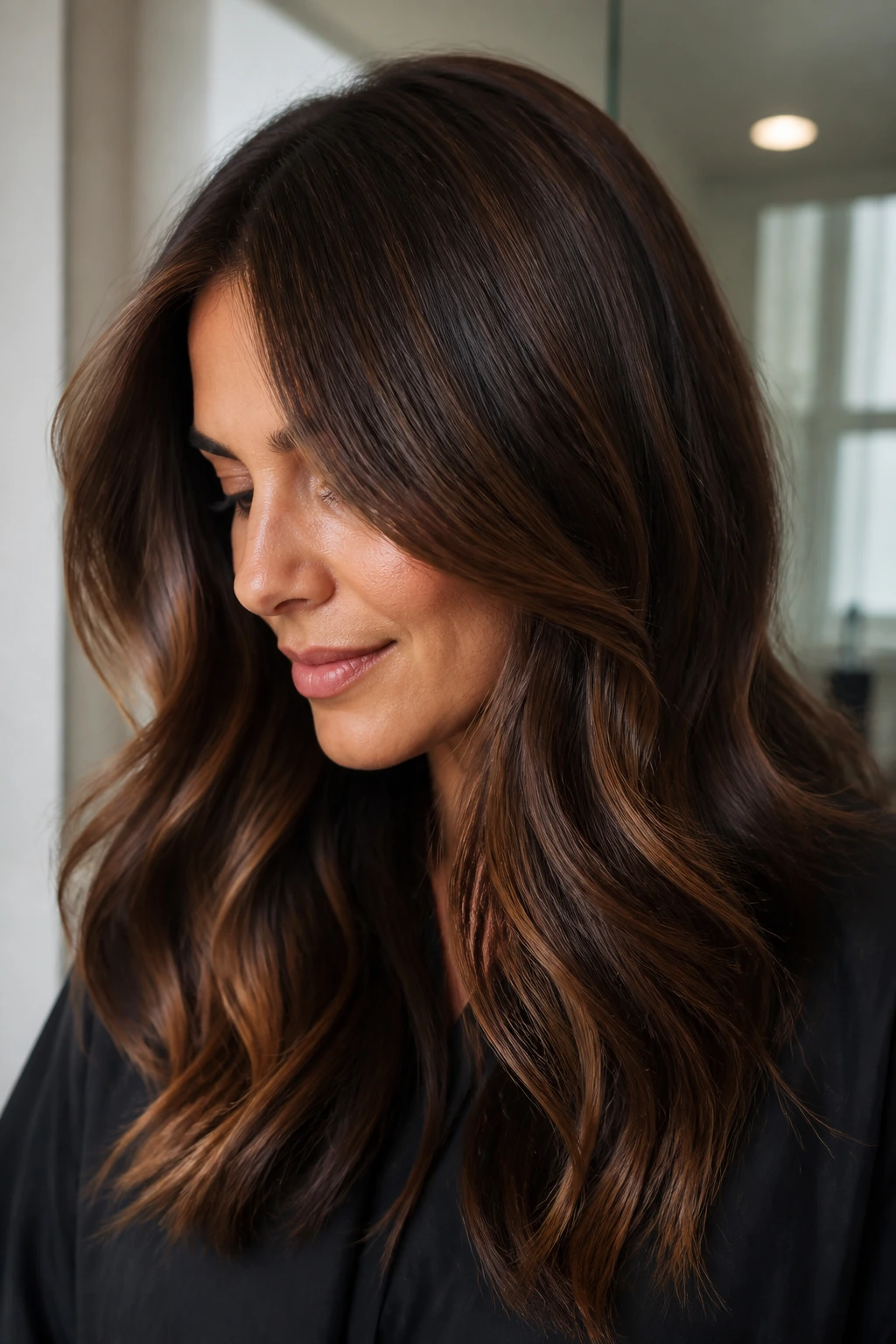 Real woman with bronze lowlights in brunette hair