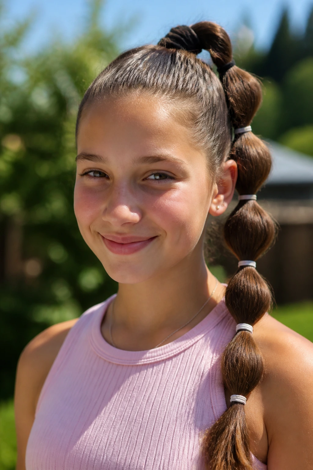 Teen girl with bubble braids in a sunny outdoor setting