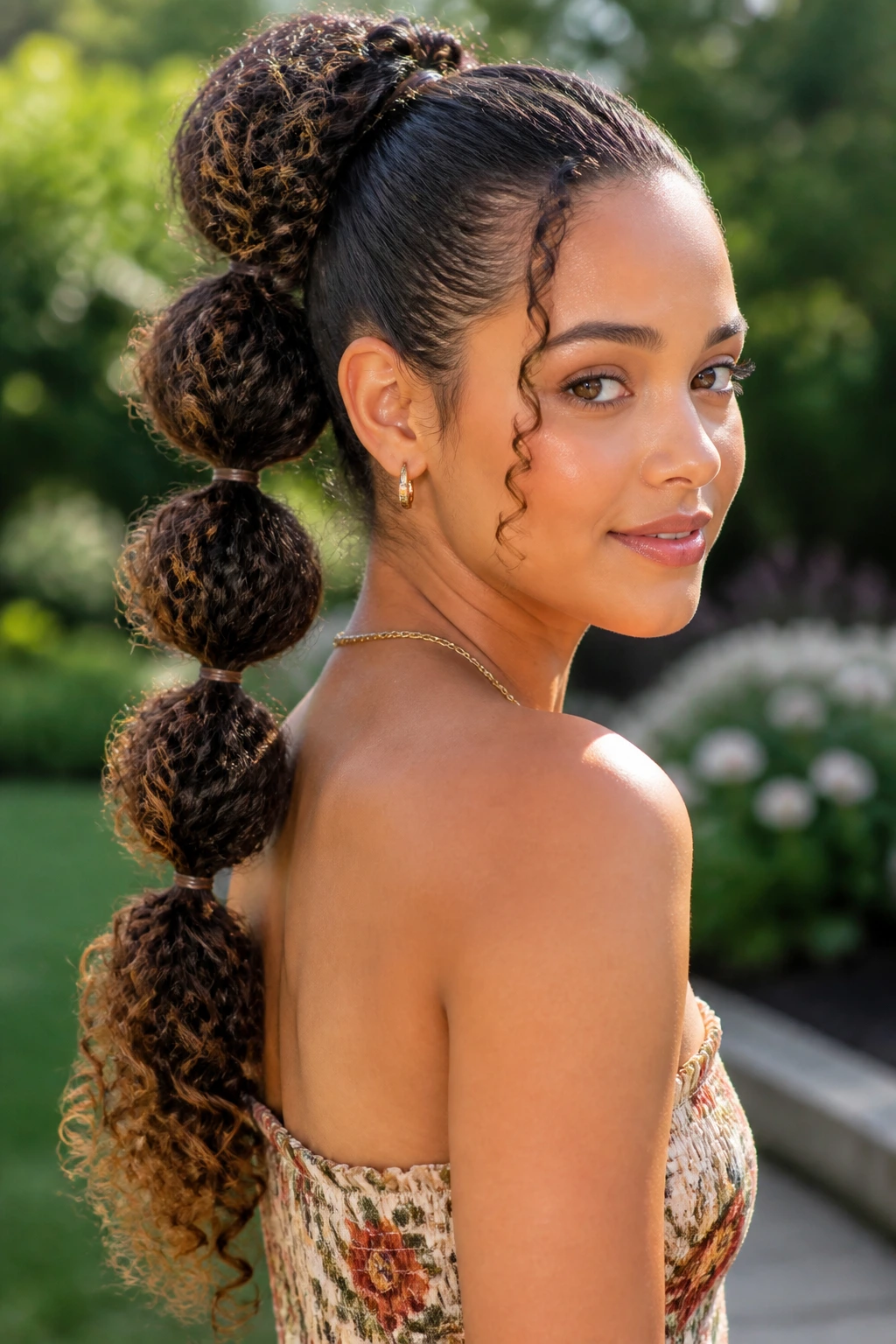 Close-up of a real woman with bubble ponytail on curls