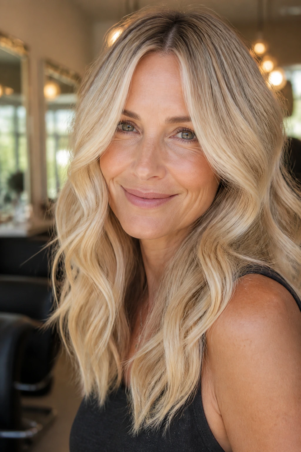 Close-up of a real woman with soft buttercream balayage in a sunlit salon