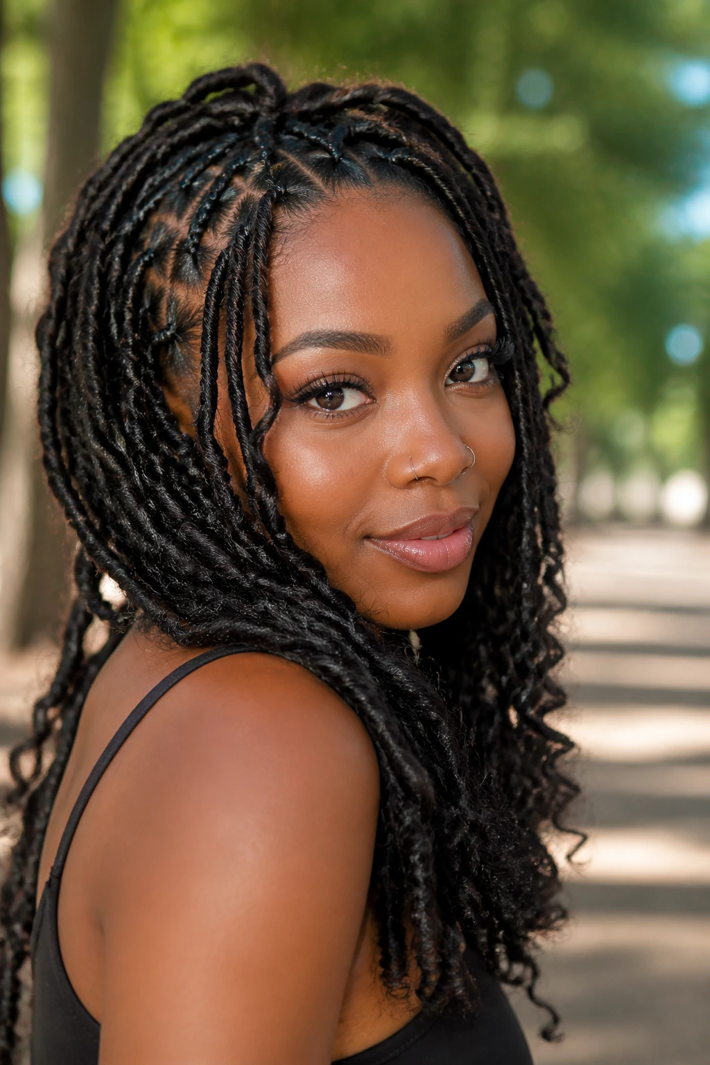 Close-up of a real woman wearing butterfly locs in a park setting