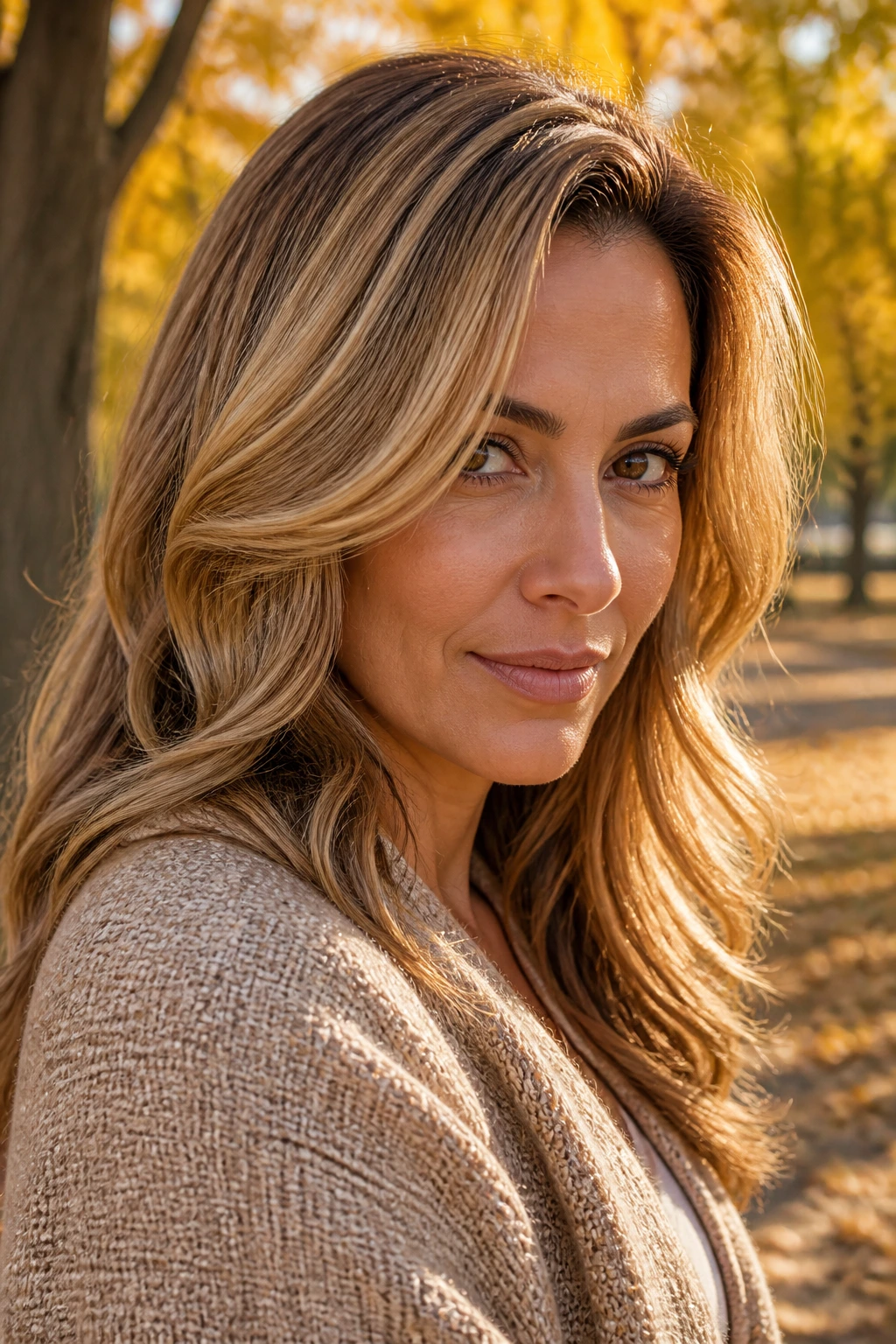 Close-up of a woman with butterscotch babylights in autumn light