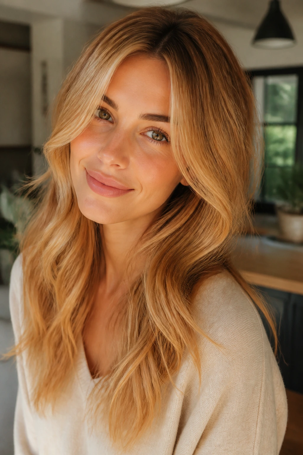 Close-up portrait of real person with warm butterscotch blonde hair in sunlight
