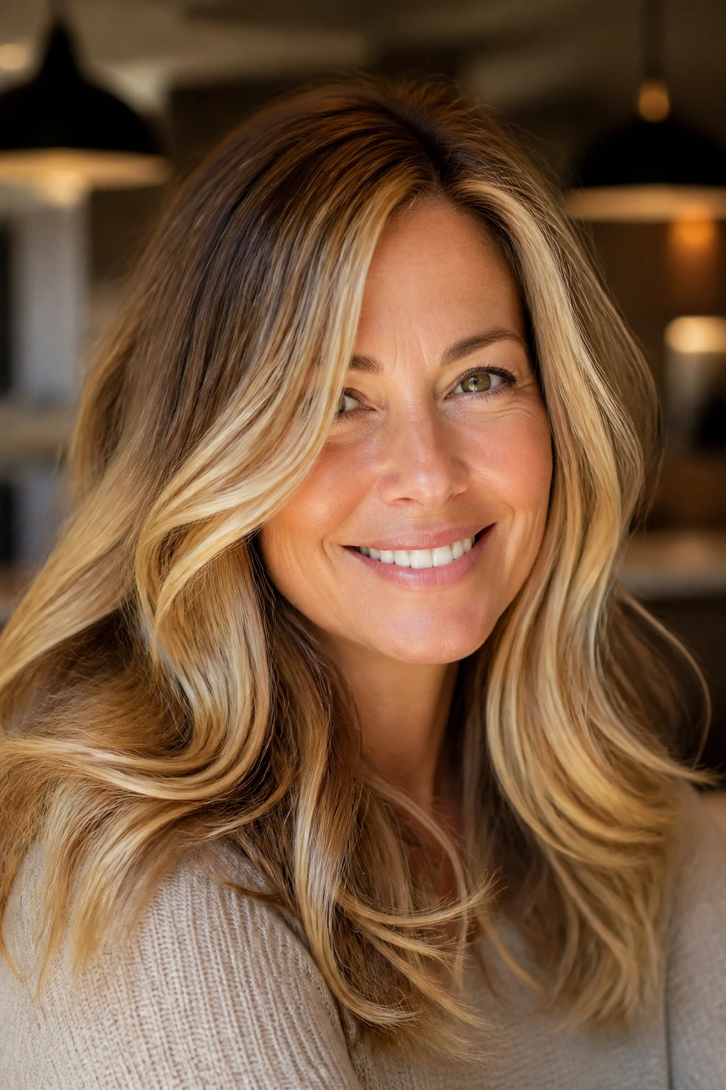 Close-up of woman with buttery blonde highlights under warm natural light