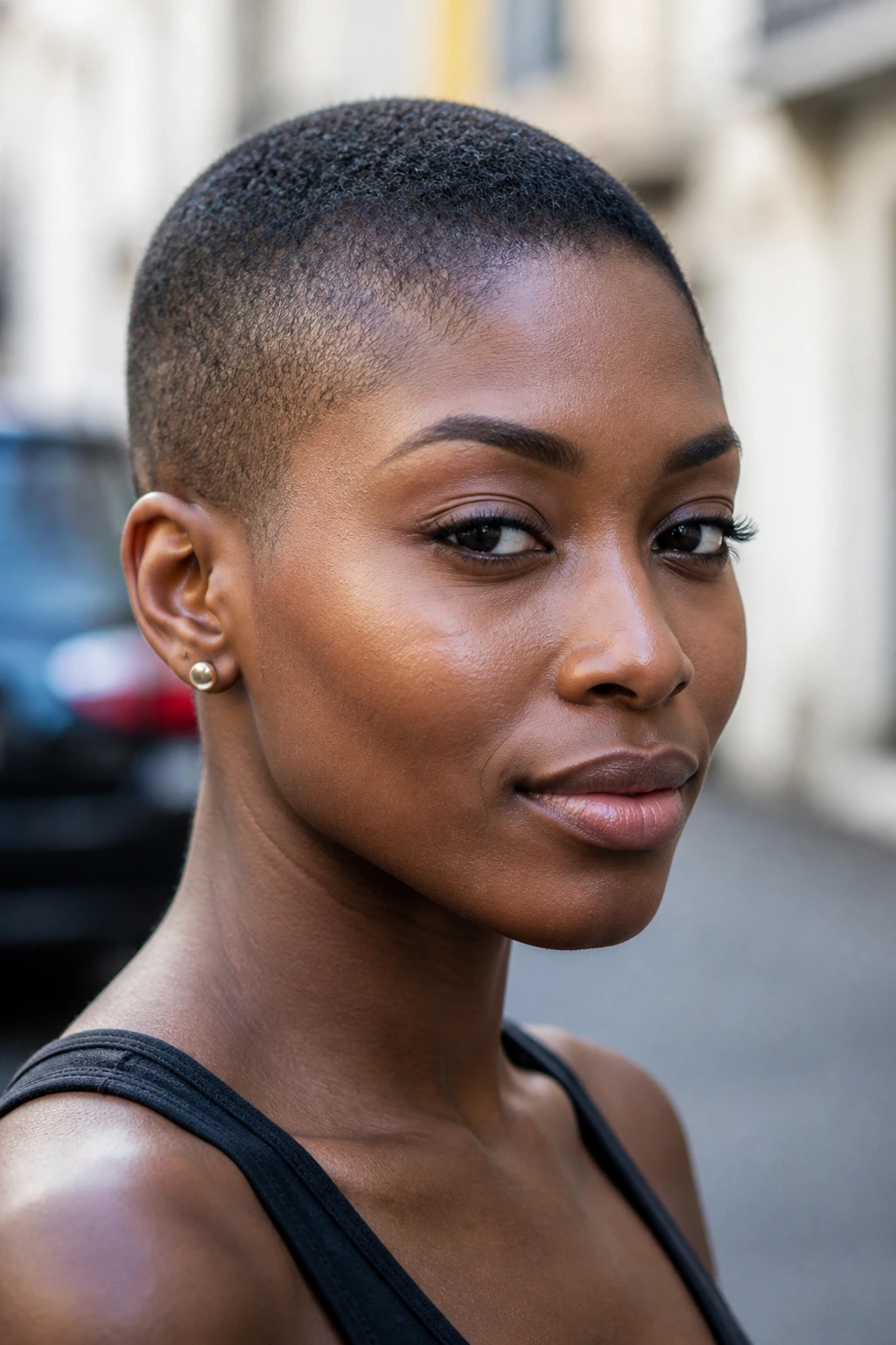 Close-up portrait of a Black woman with a buzz cut under natural daylight