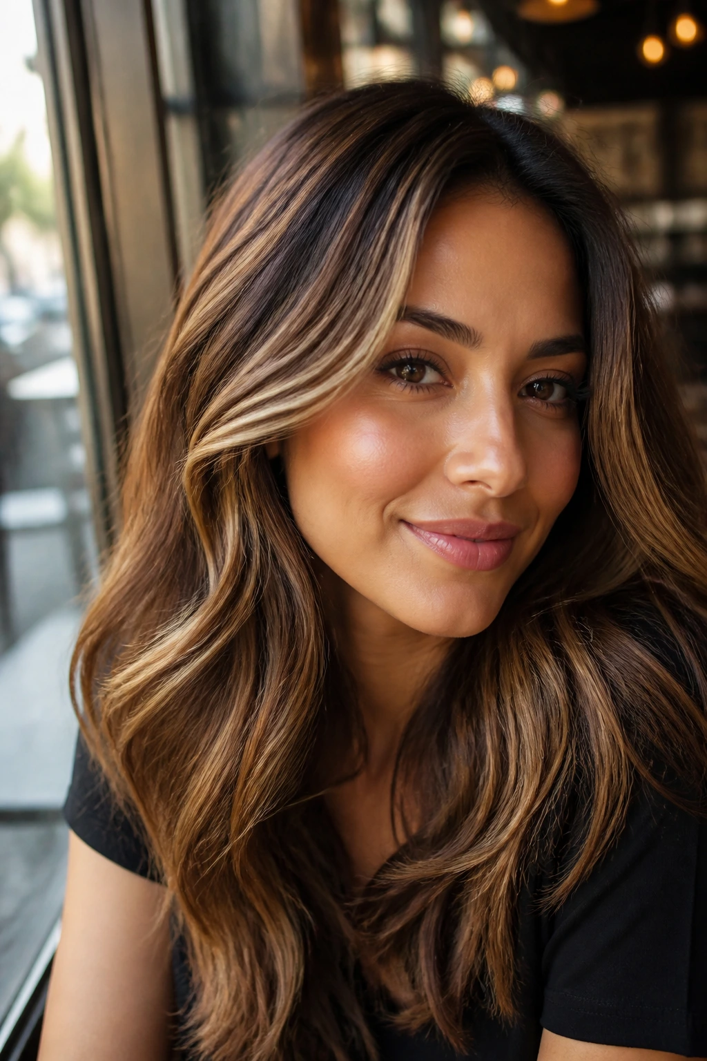 Close-up of brunette with caramel highlights around the face
