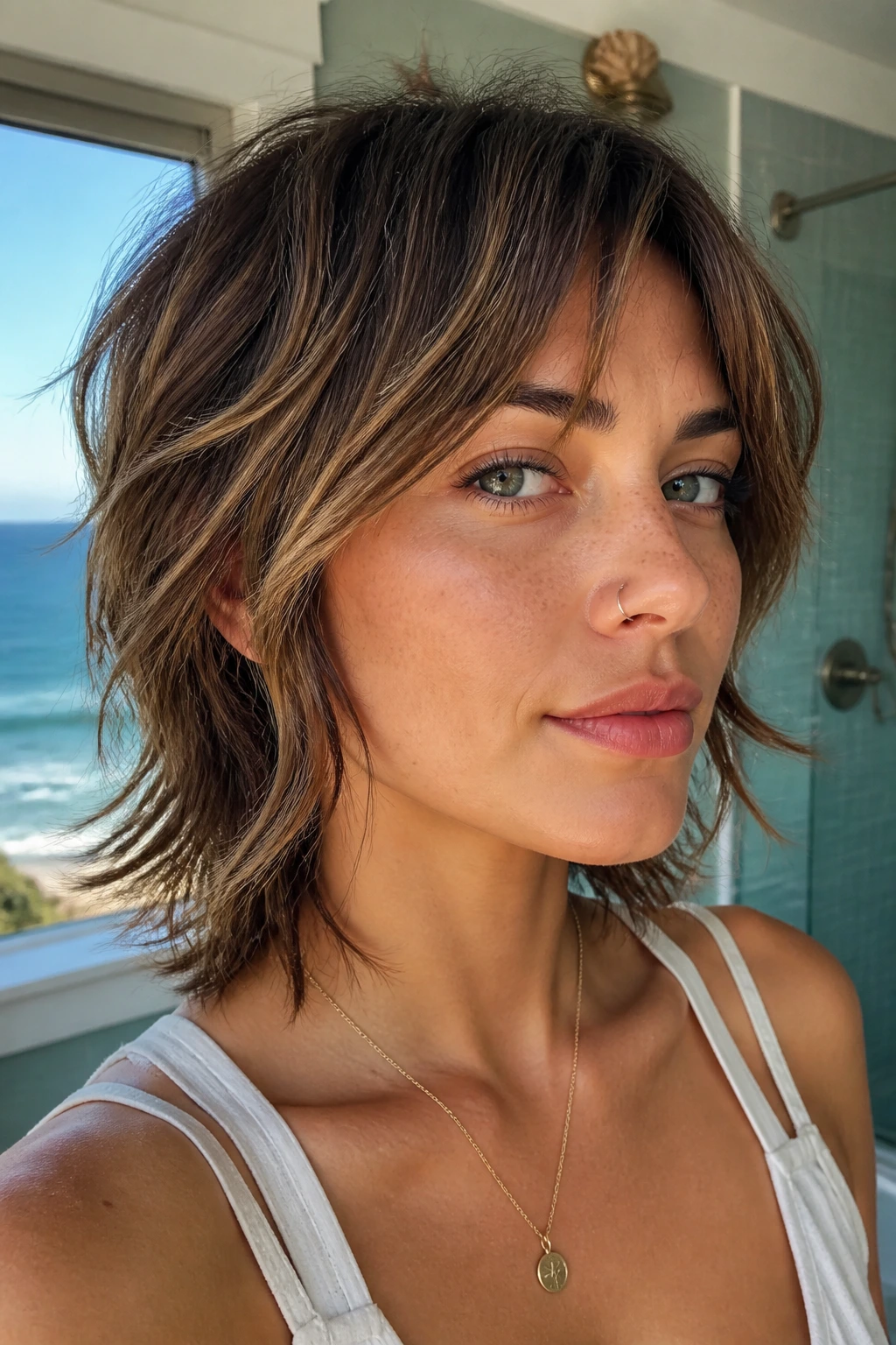 Real person with caramel-highlighted short wolf cut in a seaside bathroom