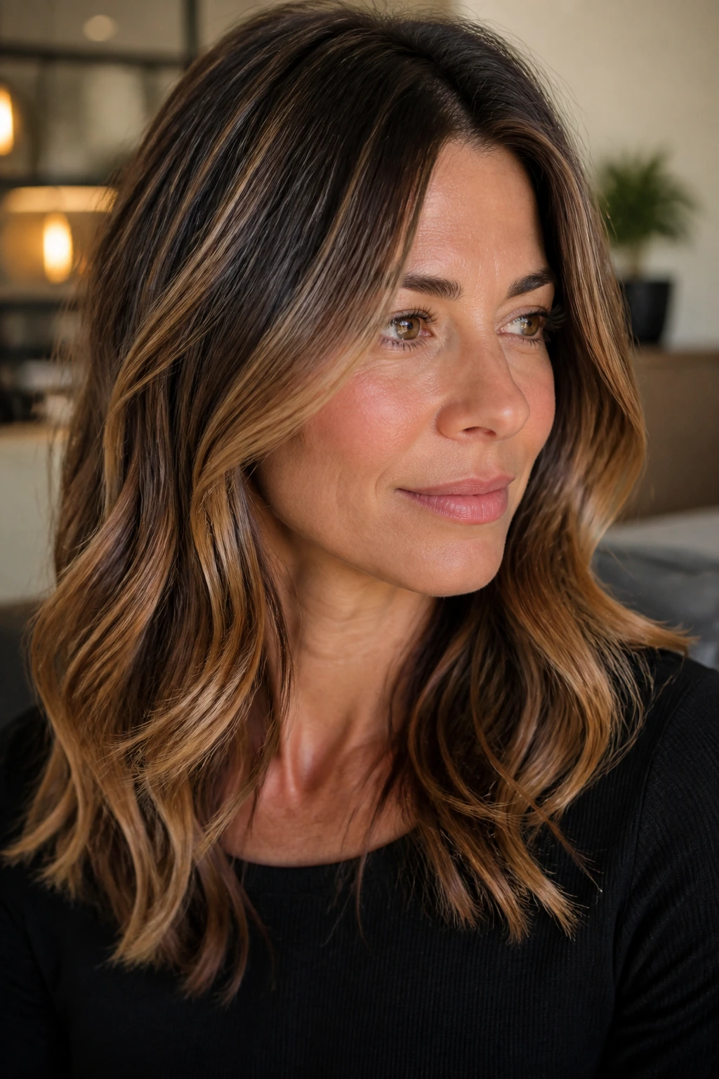 Close-up portrait of a real woman with caramel-infused lowlights around the face