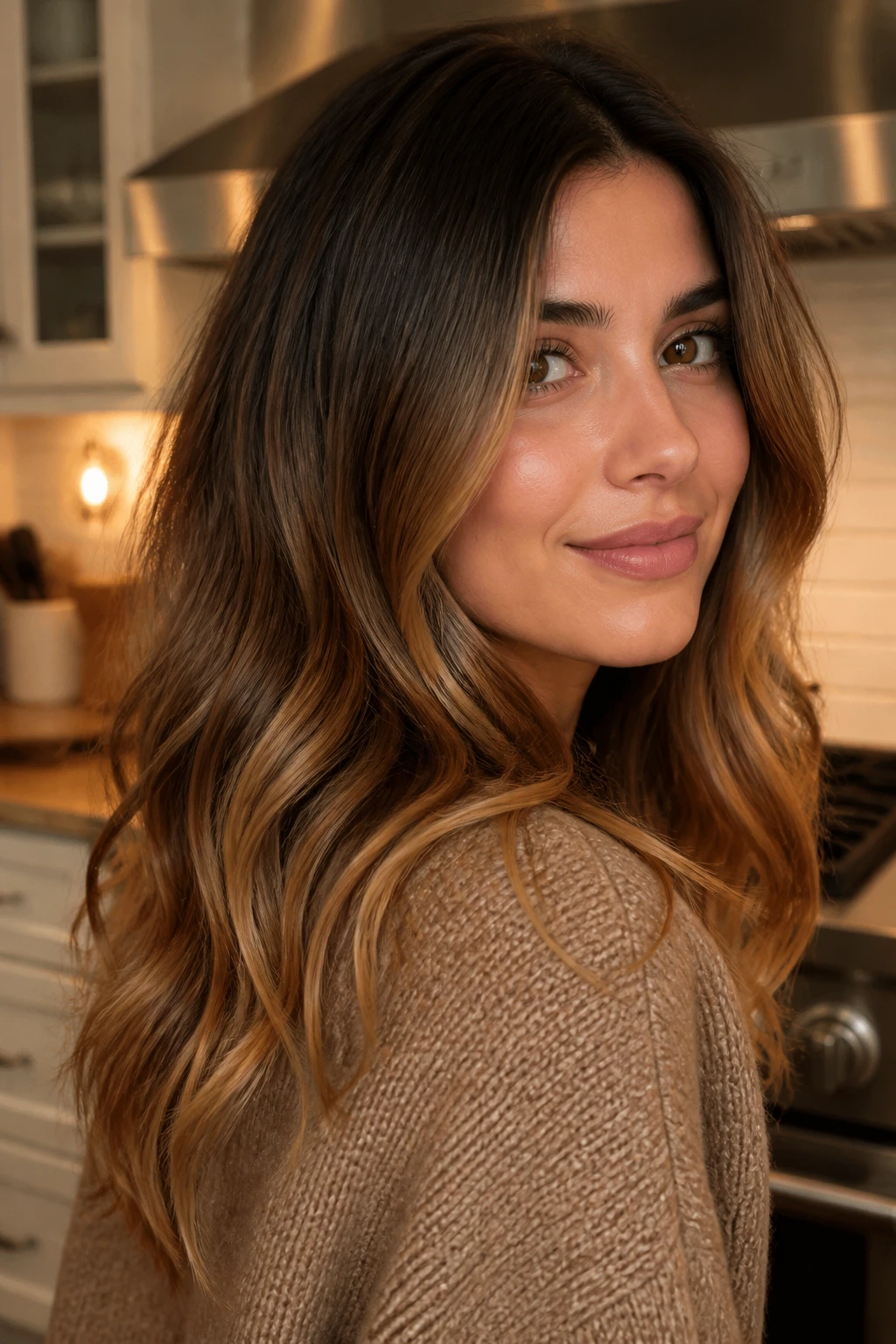 Close-up of a real woman showing a caramel macchiato melt hair gradient from roots to ends.