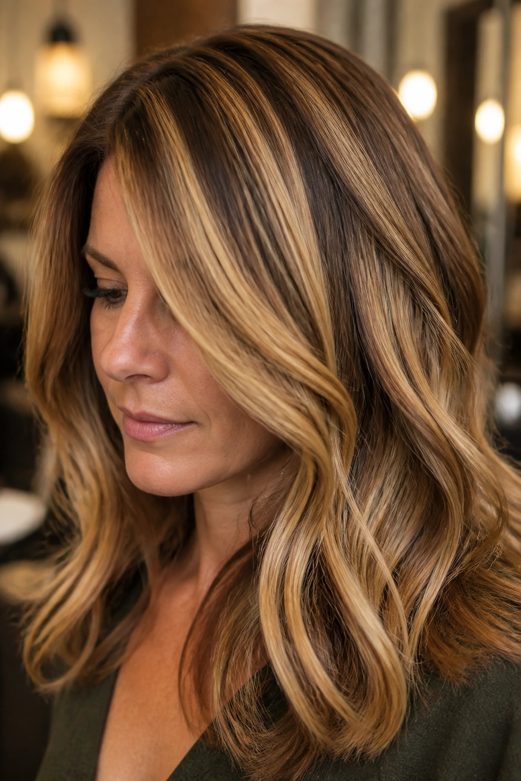 Close-up of a real woman with chunky caramel ribbon highlights weaving through hair