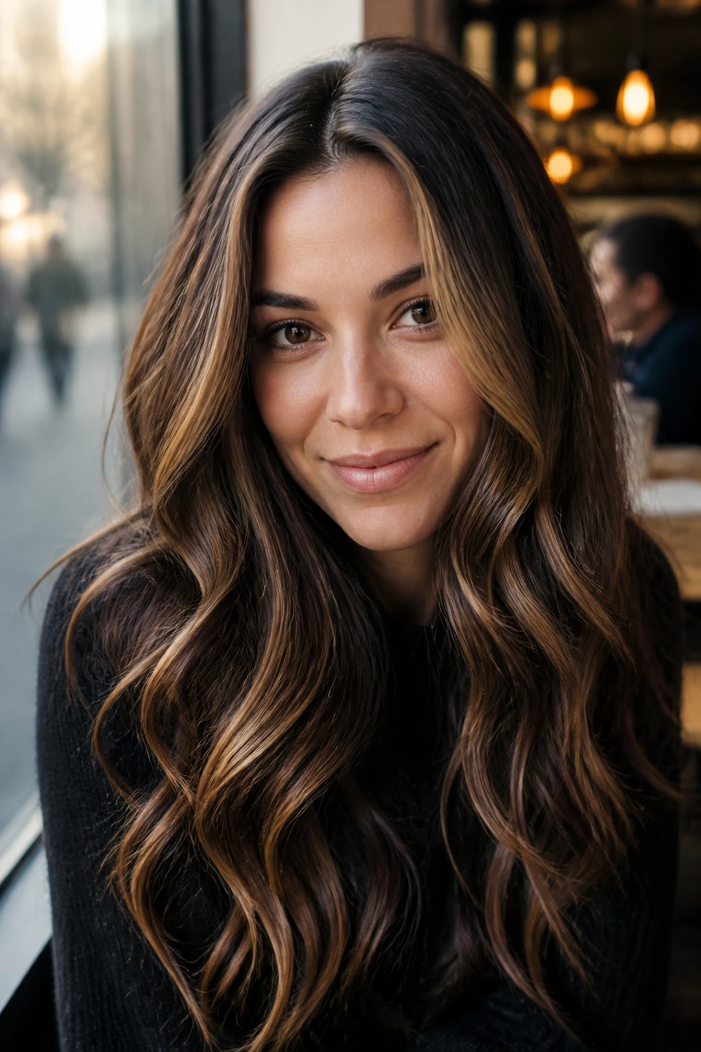 Close-up of a real woman with caramel ribbon highlights in dark hair at a cafe.