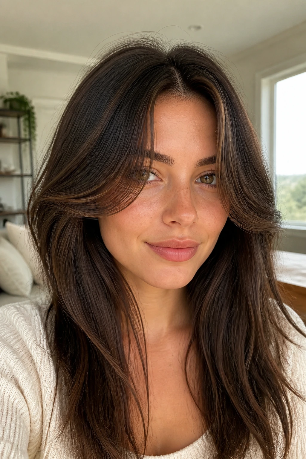 Close-up of center-parted curtain bangs flipped away from the face