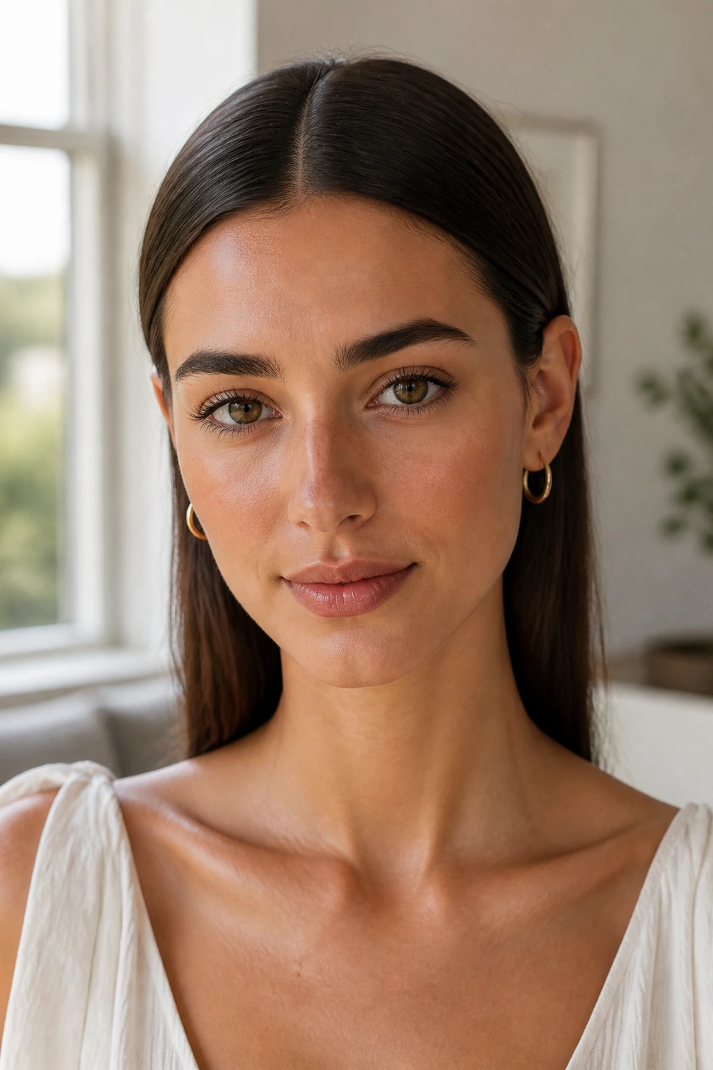 Close-up portrait of a woman with a minimalist center-part hairstyle by a window