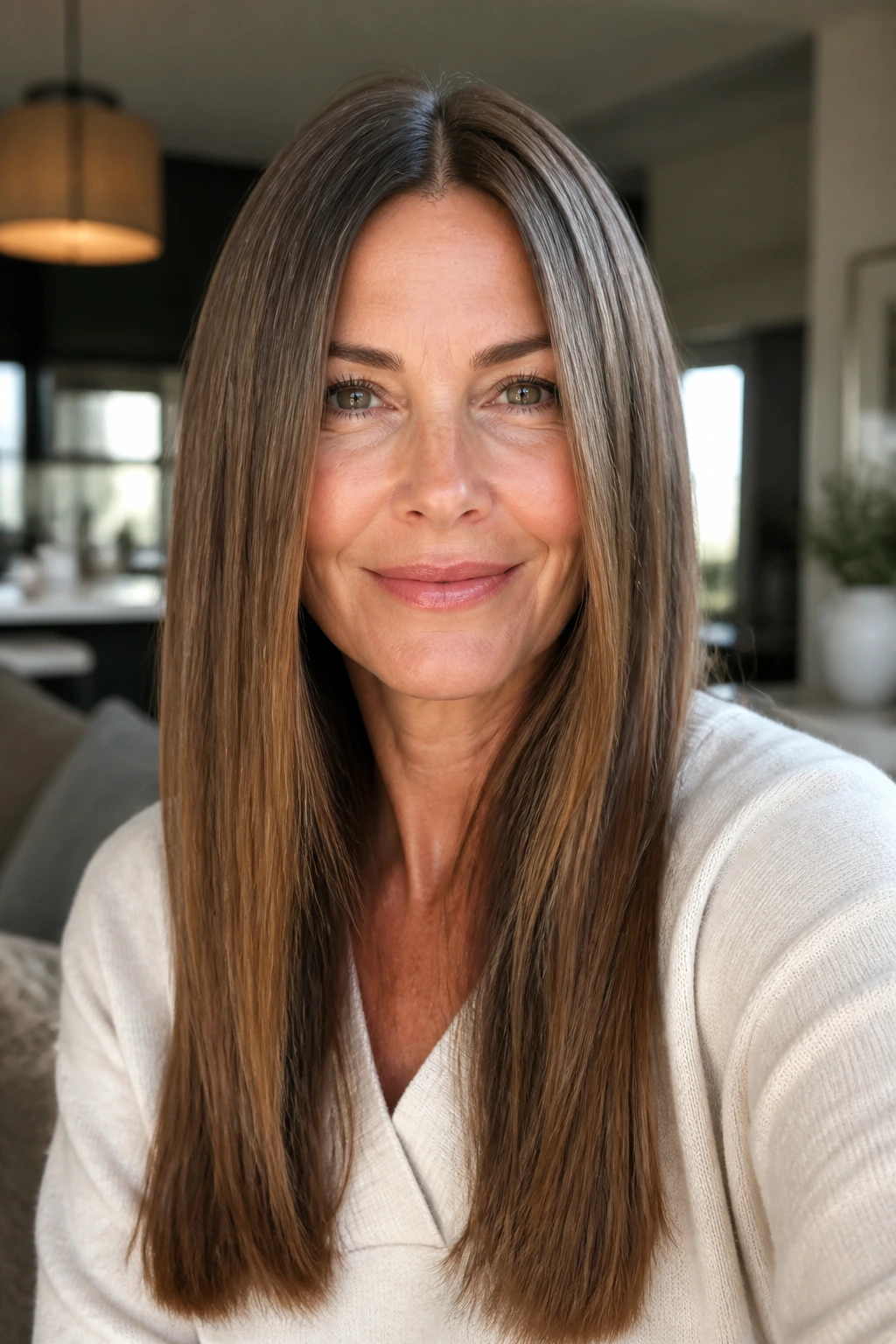 Portrait of a woman with center-parted sleek straight hair