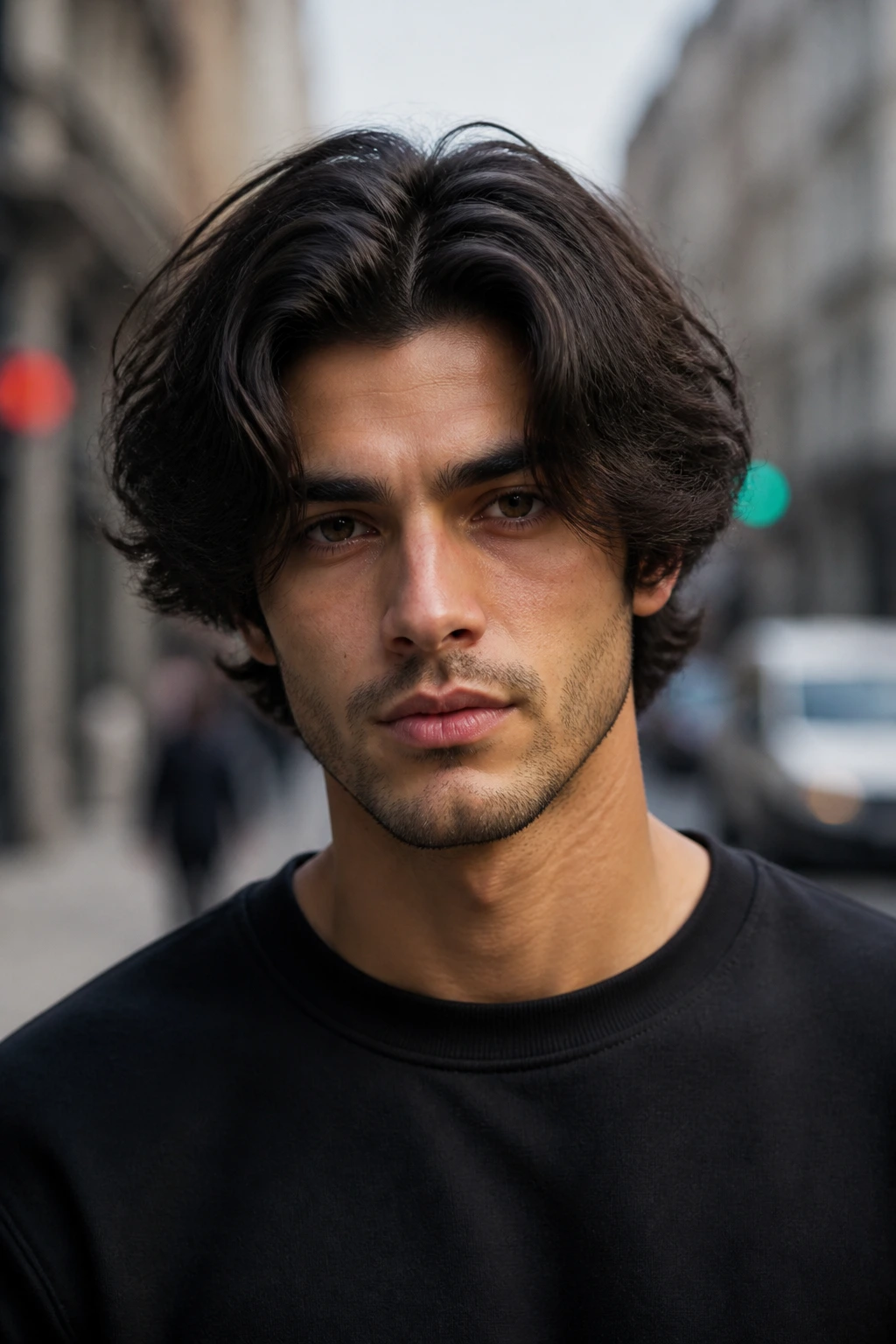 Medium close-up of a man with thick hair in a center part, draping over ears