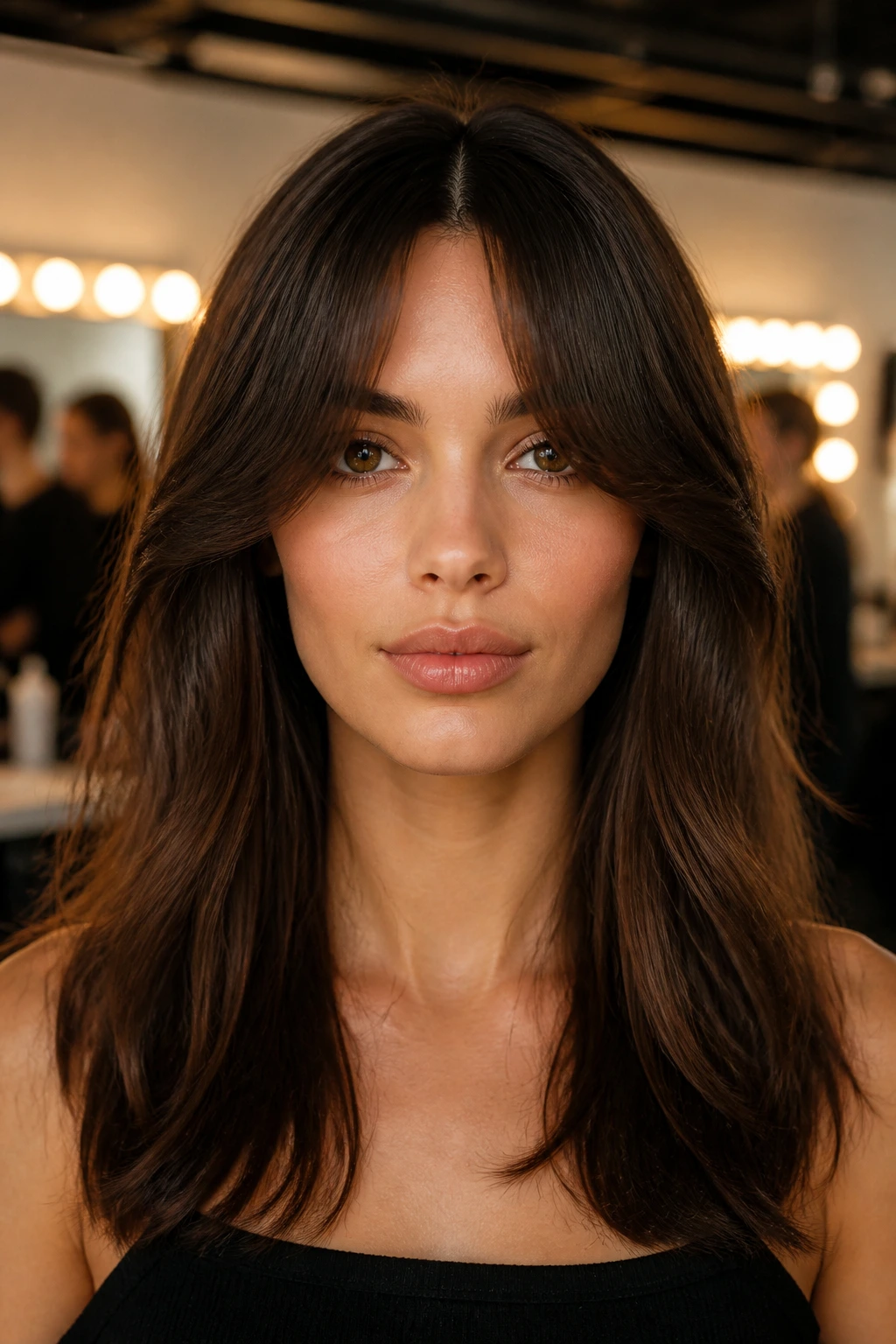 Close-up portrait of a real woman with a center-parted hairstyle and symmetrical curtain bangs