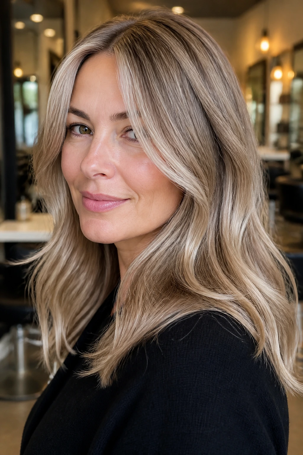 Real woman with champagne blonde toned hair muting greys in salon setting.