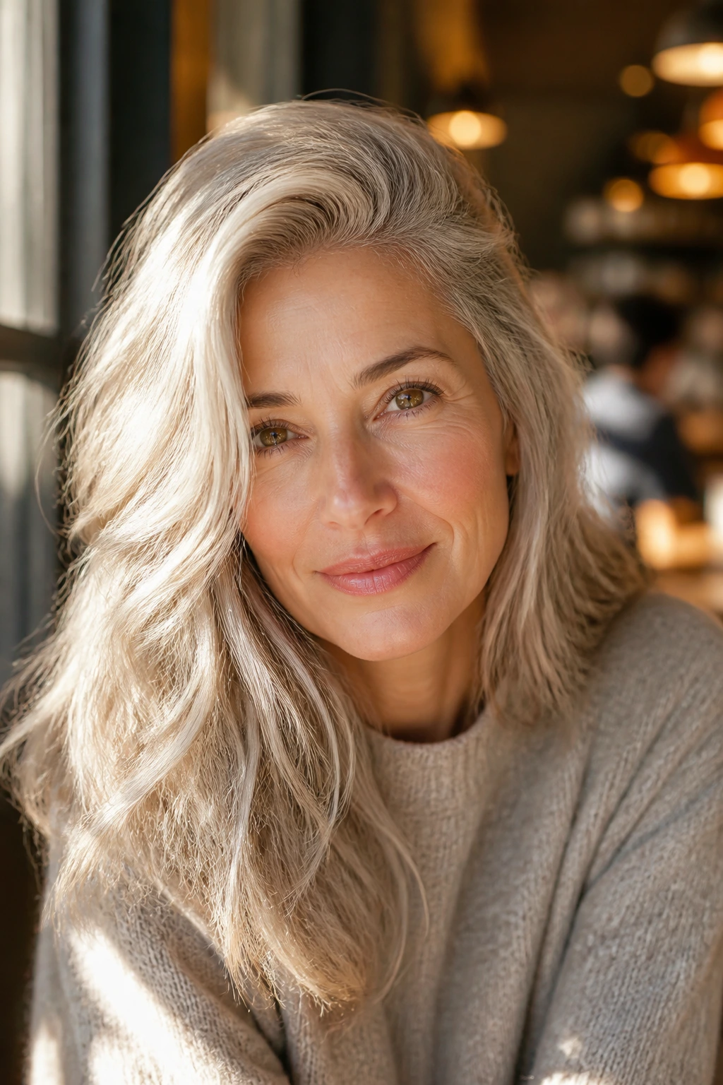 Real person with champagne silver hair in warm daylight by a cafe window