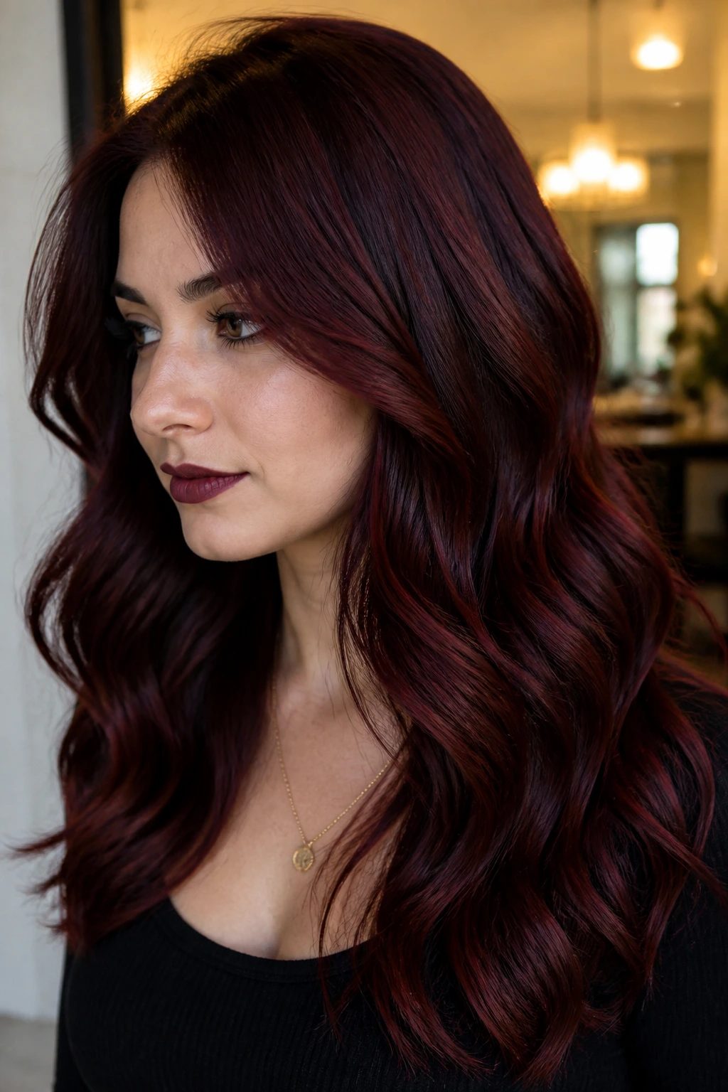 Portrait of a real person with cherry cola red hair and burgundy undertones