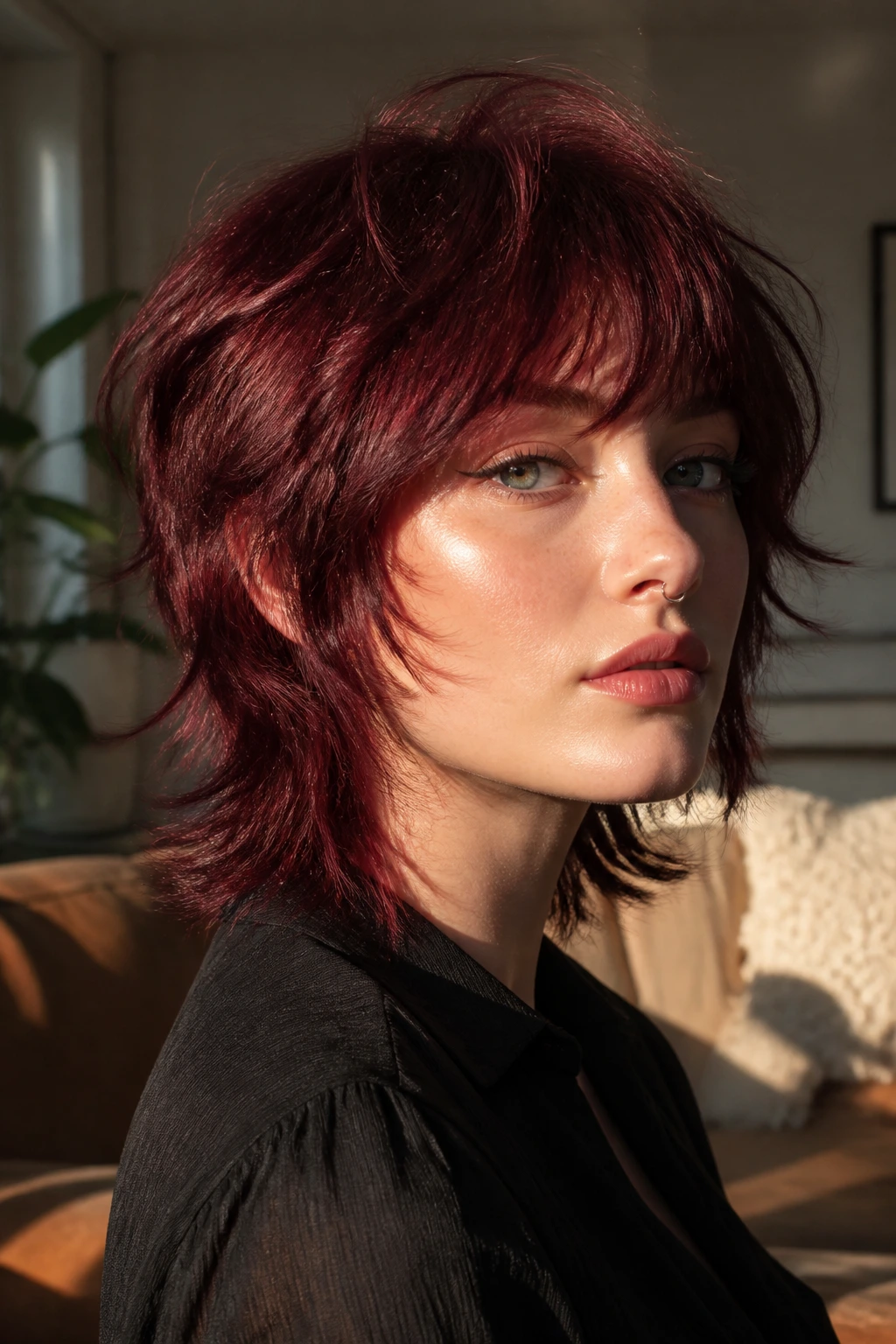 Real person with cherry cola red hair on a short wolf cut