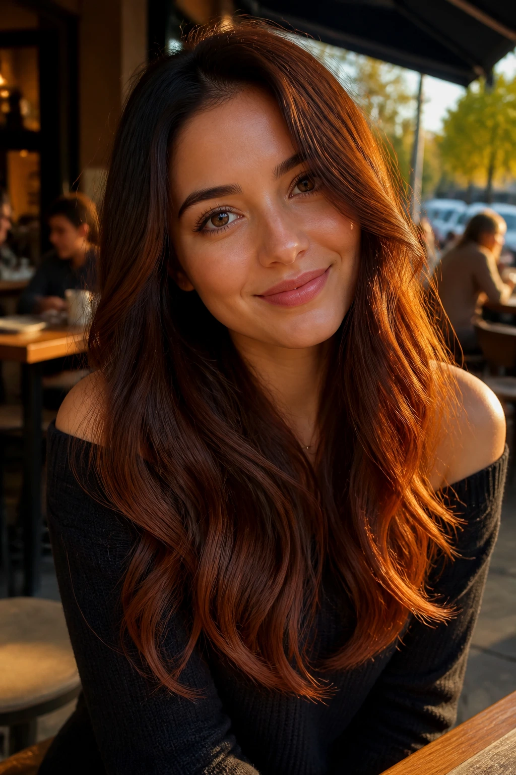 Close-up of a real woman with chestnut to copper ombré hair in warm sunset light.