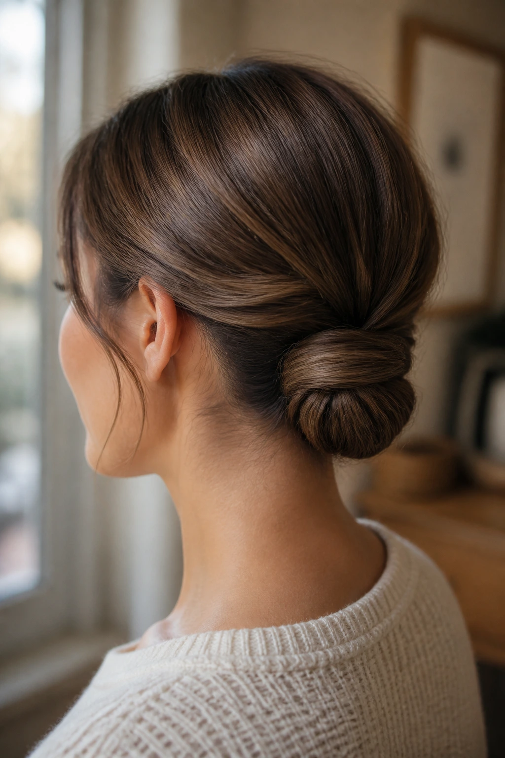 Close-up of a real woman with a low chignon tucked at the nape.