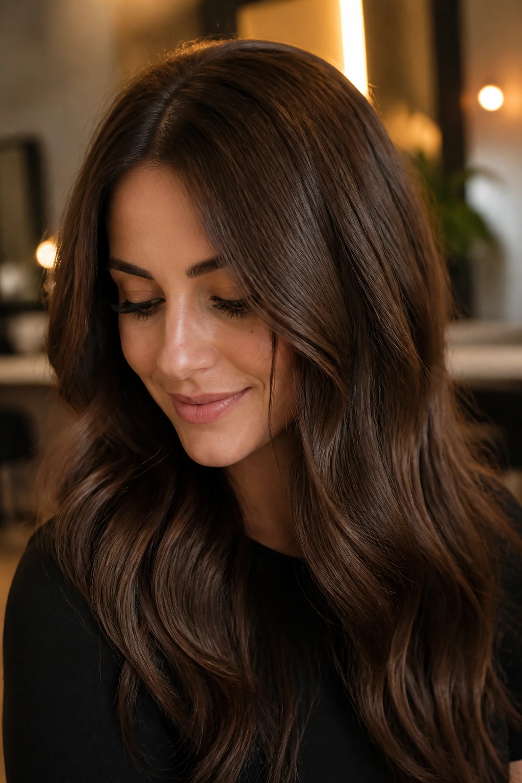 Close-up portrait of a real person with chocolate brunette hair in warm amber light