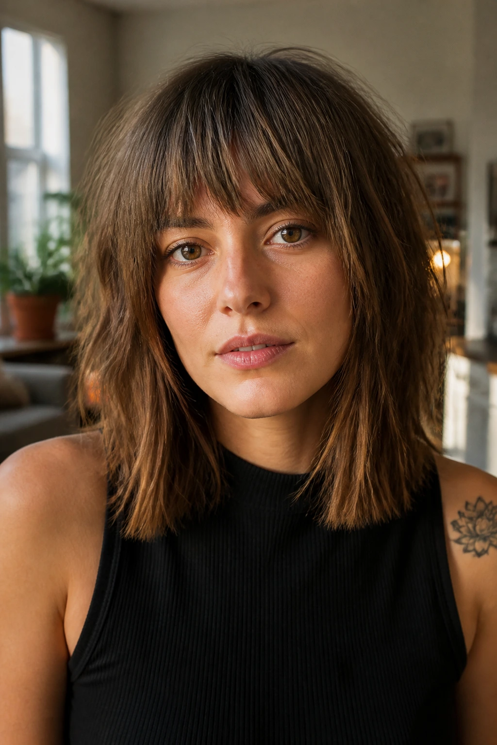 Portrait of a woman with choppy layers and blunt perimeter.