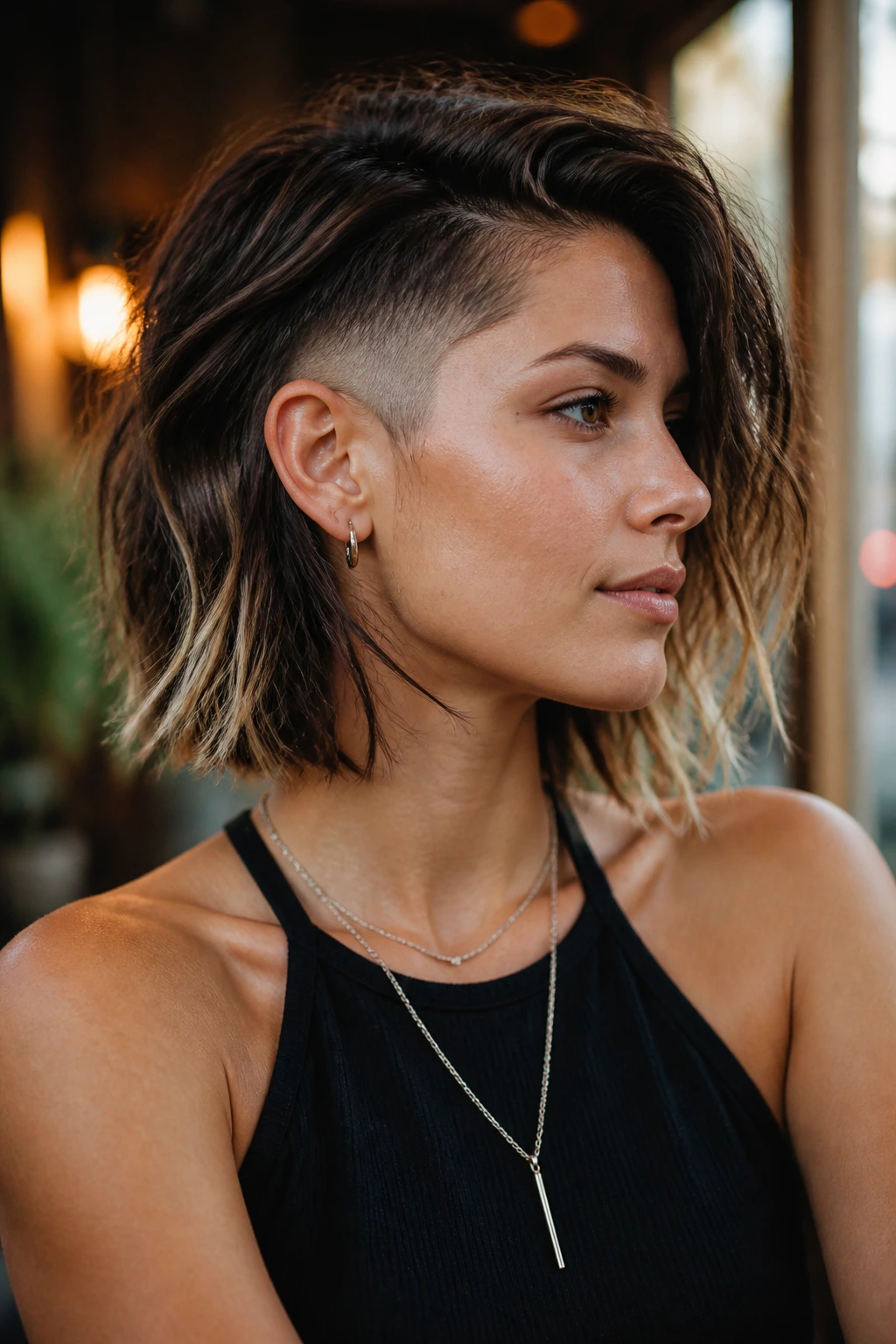 Portrait of a real woman with choppy midi bob and temple fade in an urban cafe setting