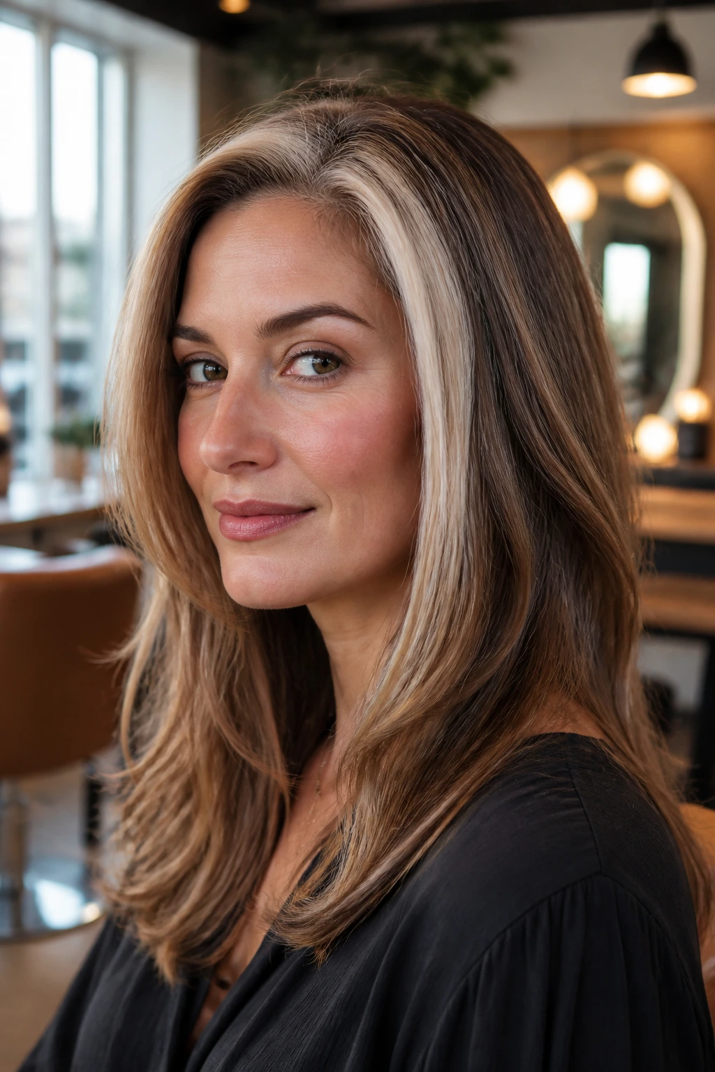 Real woman with chunky highlights around temple blending grey patch in hair in a salon.