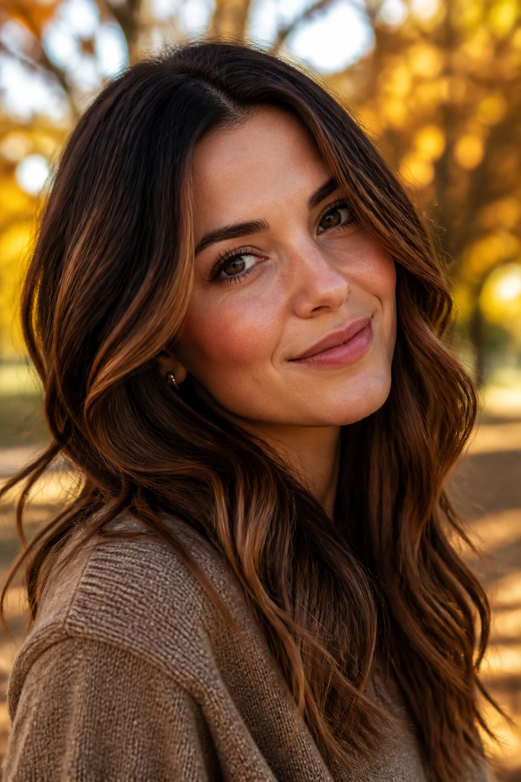 Close-up of a real woman with cinnamon-toned balayage in brown hair in autumn sunlight.