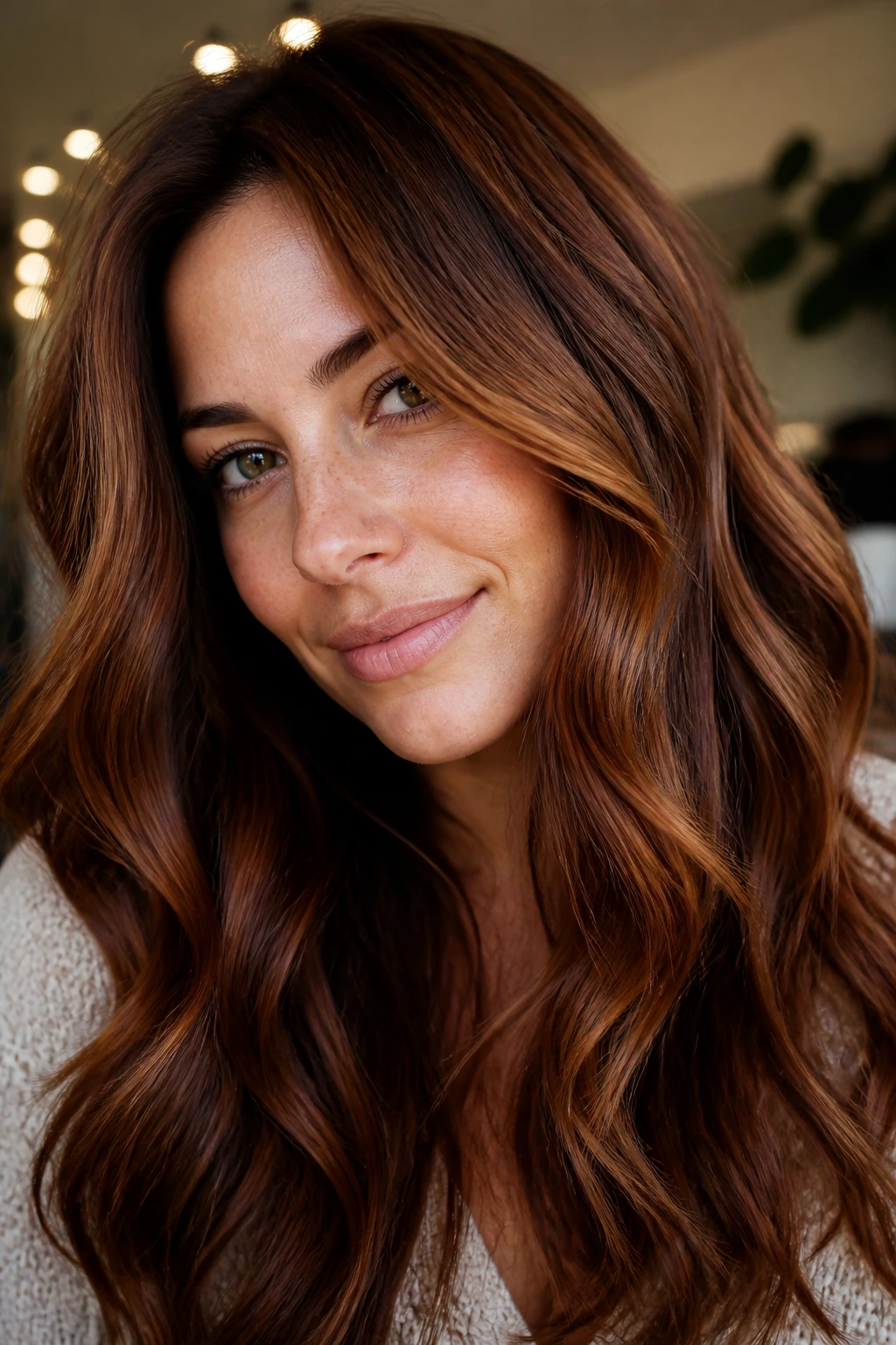 Close-up of Cinnamon Spice hair with auburn copper highlights on a real person