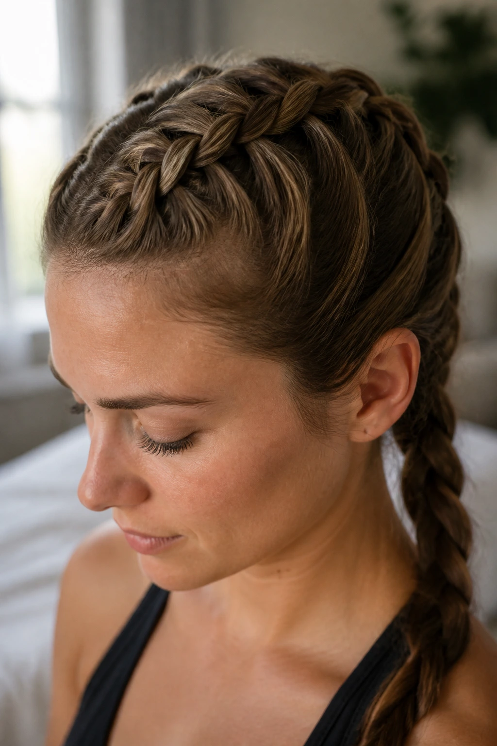 Close-up of a real woman with a classic single French braid from hairline along the scalp