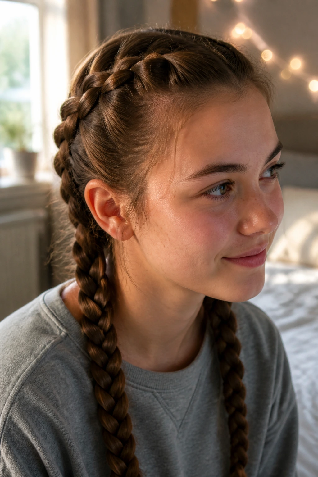 Close-up of teen girl with classic French braids in a sunlit bedroom