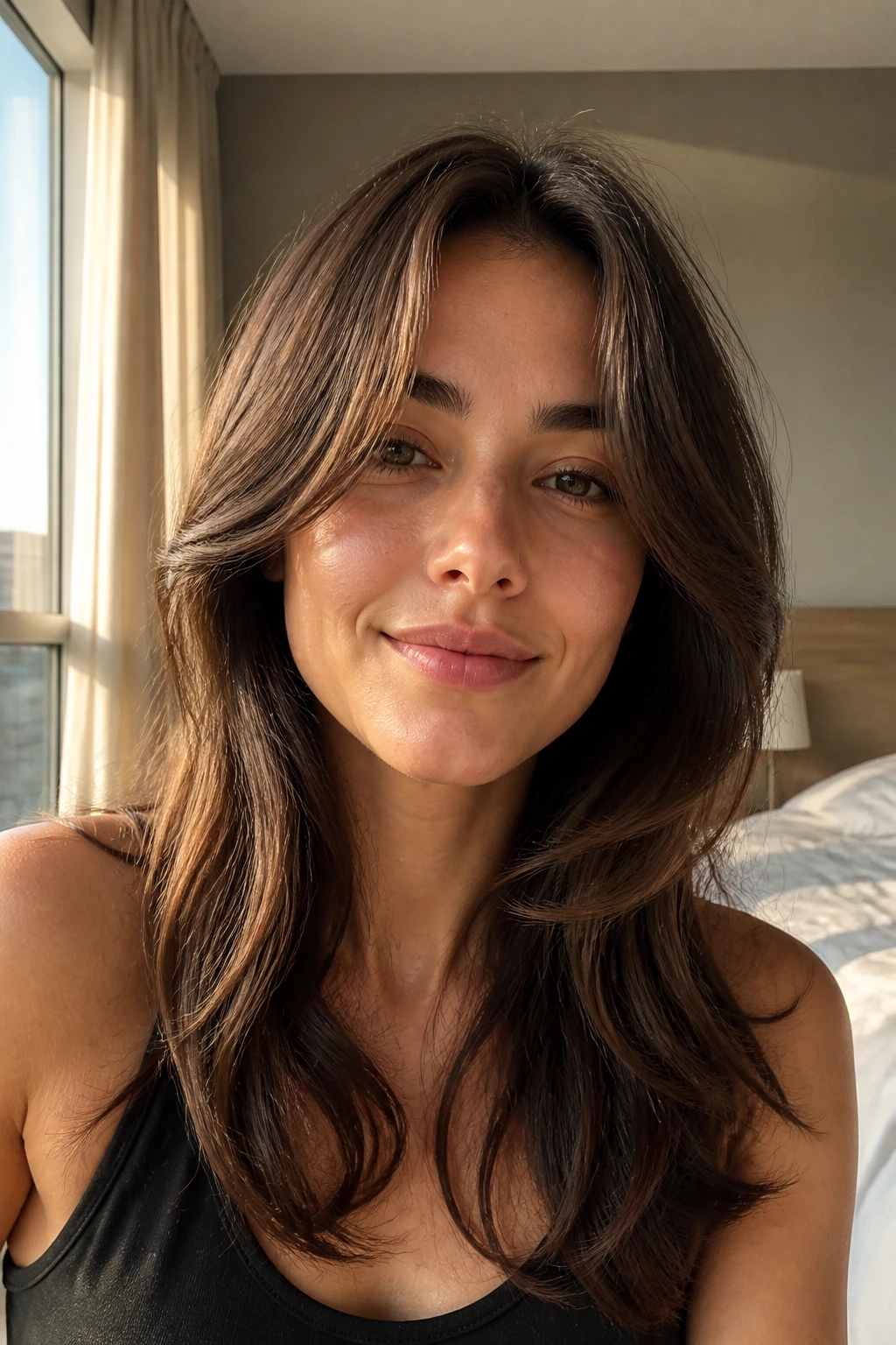 Close-up of a real woman with classic long curtain bangs framing her cheeks